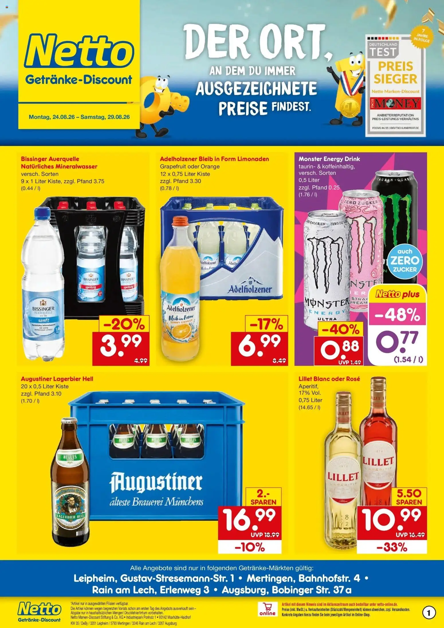 Netto Marken-Discount Prospekt Mertingen – gültig ab 24.08.2026 | Seite: 1 | Produkte: Adelholzener, Mineralwasser, Lillet, Monster