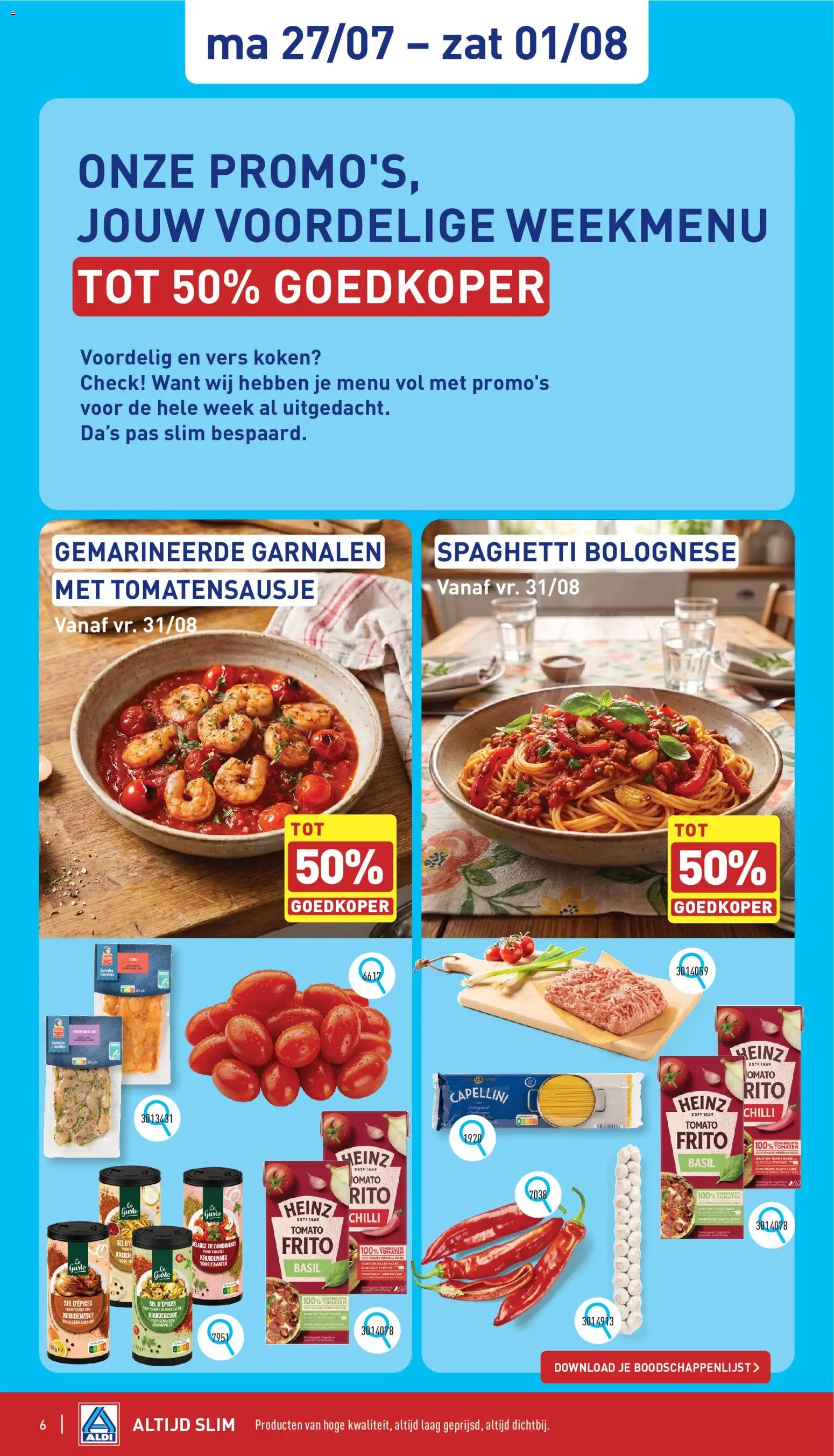 {H1} | Pagina: 6 | Producten: Tomaten, Pasta, Kip, Kekszek