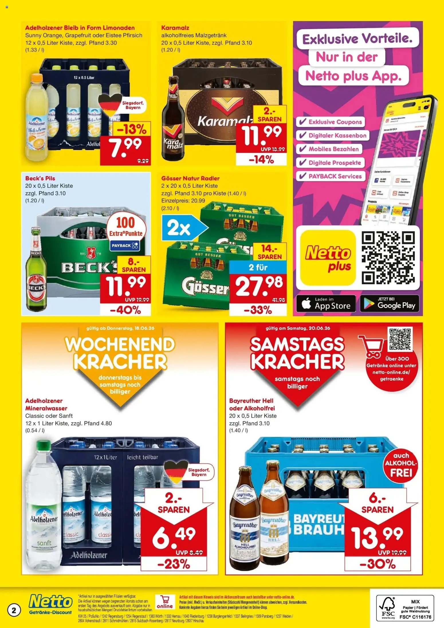 Netto Marken-Discount Prospekt Parsberg – gültig ab 15.06.2026 | Seite: 2 | Produkte: Bayreuther hell, Adelholzener, Mineralwasser, Pfirsich