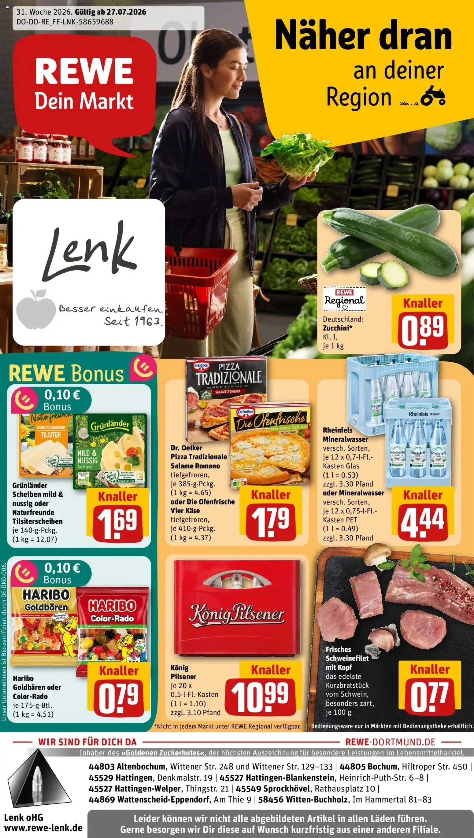 Rewe Prospekt Bochum – gültig ab 27.07.2026 | Seite: 1 | Produkte: Haribo, Käse, Mineralwasser, Pizza