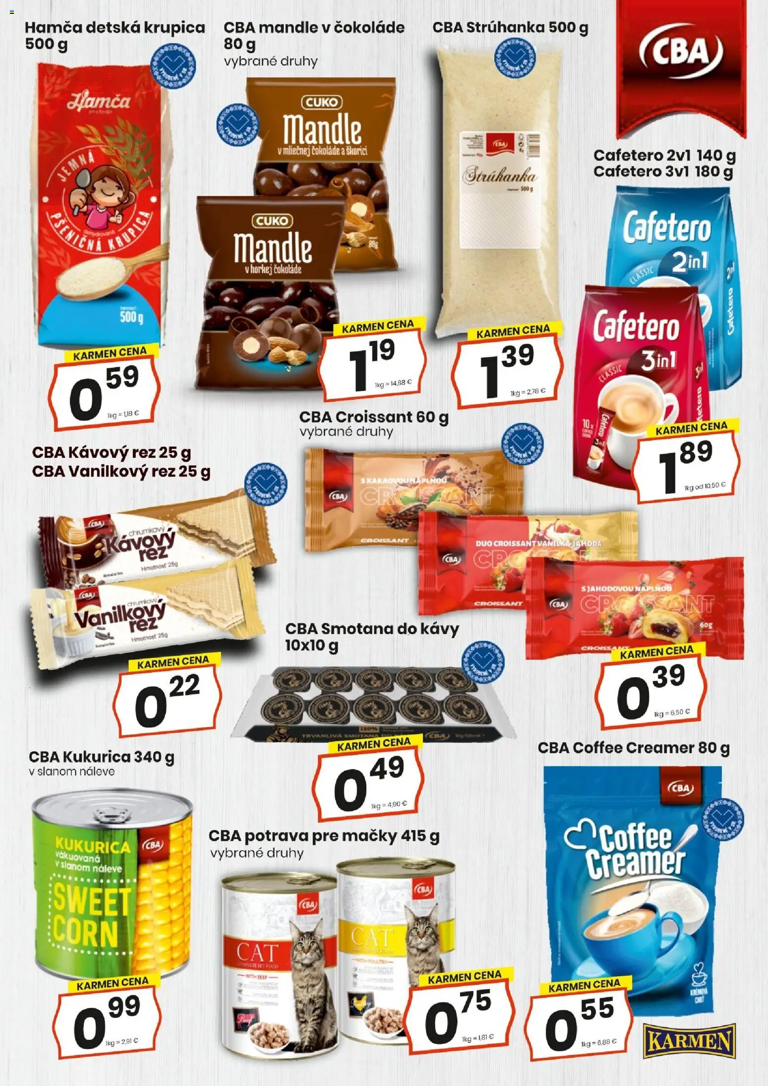Nové KARMEN CBA akcie – leták je platný od 16.04.2026 | Strana: 15 | Produkty: Croissant, Smotana, Mandle, Krupica