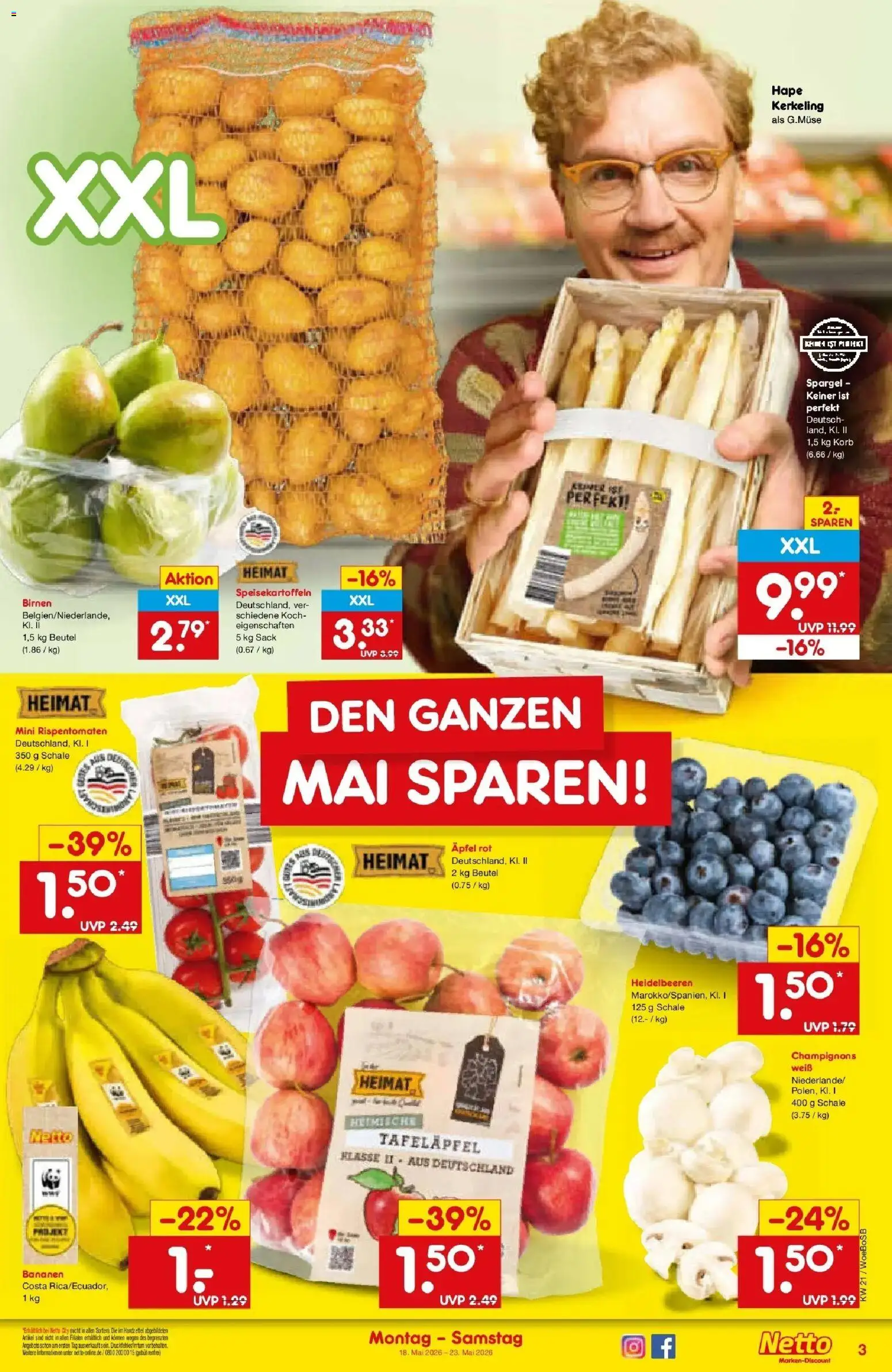 Netto Marken-Discount Prospekt Stadtlohn	 – gültig ab 18.05.2026 | Seite: 3 | Produkte: Äpfel, Bananen, Spargel, Champignons