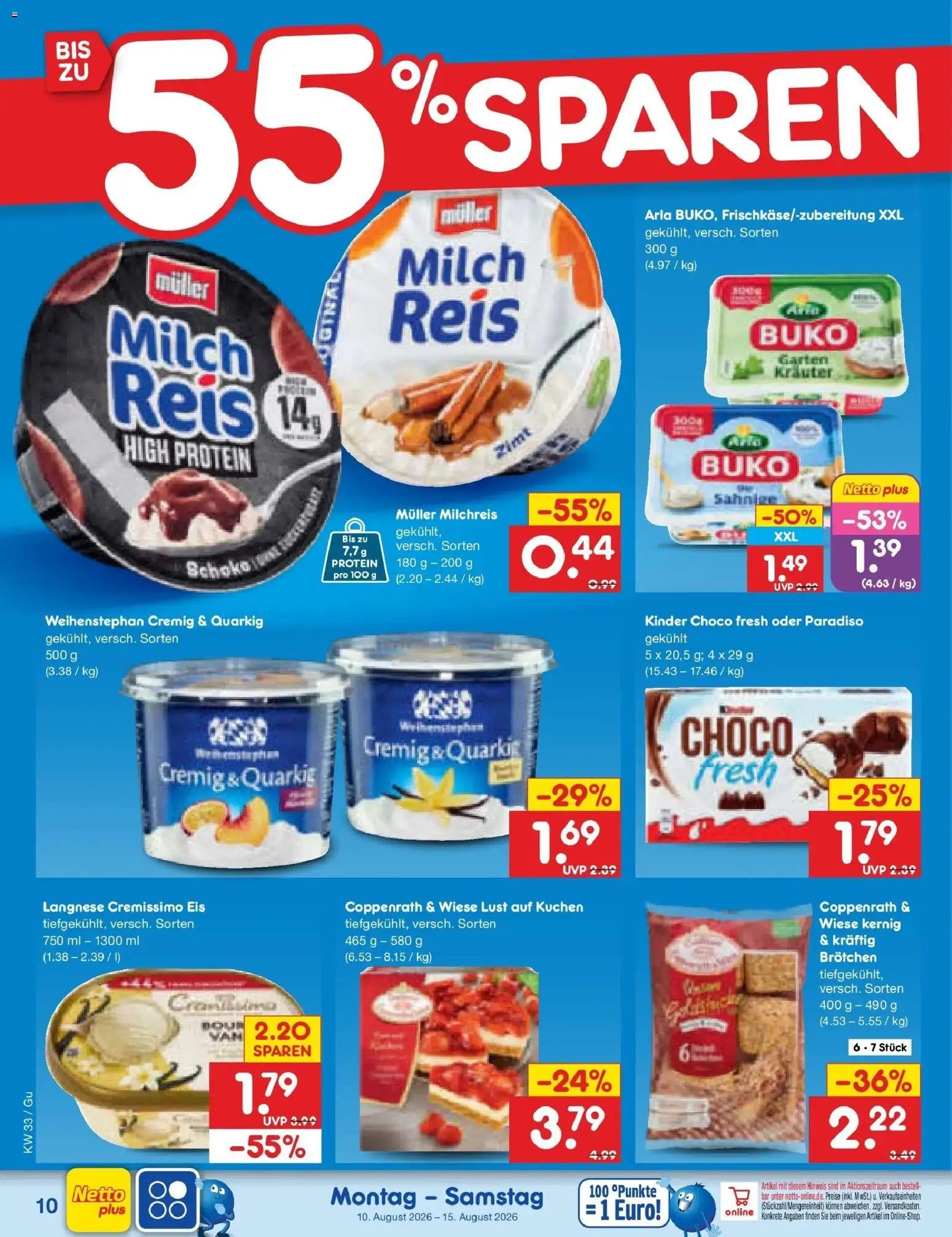 Netto Marken-Discount Prospekt Augustusburg (ab 10.08.2026) » Angebote | Seite: 10 | Produkte: Langnese cremissimo, Milch, Reis, Kuchen
