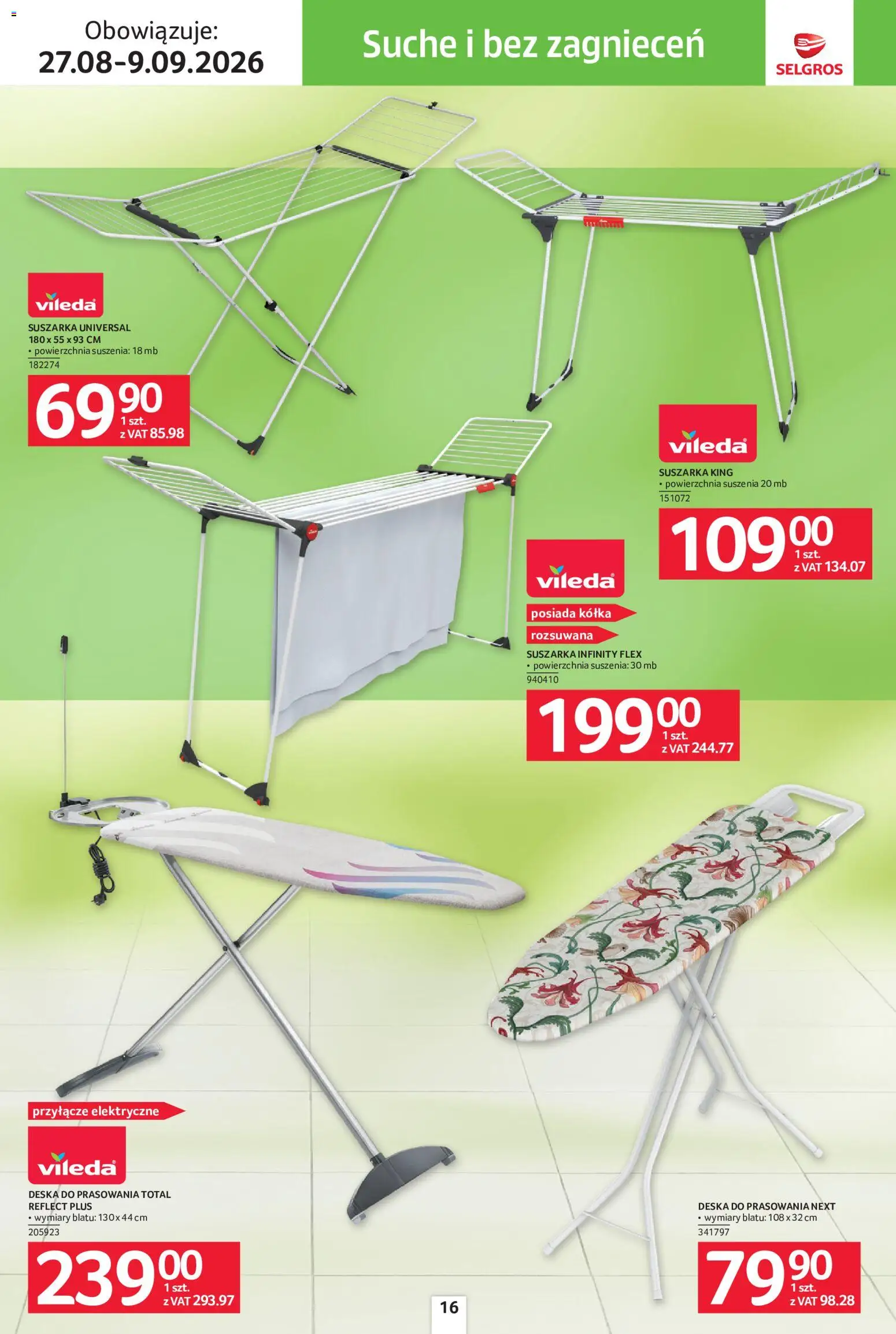 Selgros cash&carry gazetka - Sprzątanie od 27.08.2026 | Strona: 16 | Produkty: Suszarka, Deska do prasowania