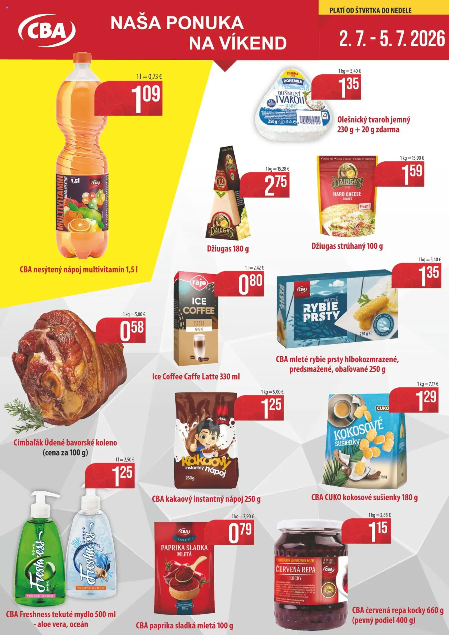 Nové Sintra akcie – leták je platný od 02.07.2026 | Strana: 1 | Produkty: Paprika, Mydlo, Tvaroh, Červená repa