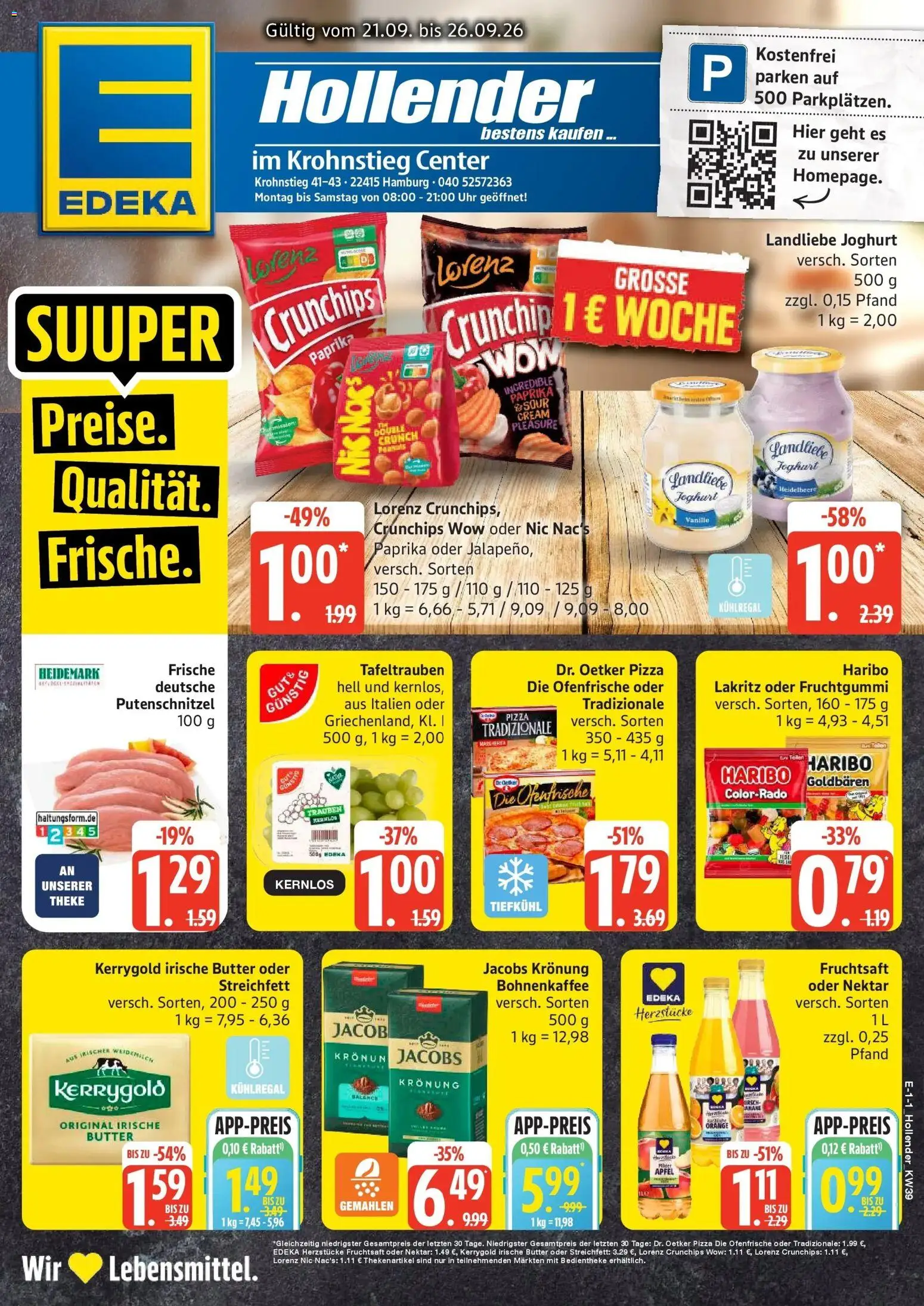 Edeka Prospekt Hamburg (ab 21.09.2026) » Angebote Online | Seite: 1 | Produkte: Paprika, Putenschnitzel, Landliebe joghurt, Uhr