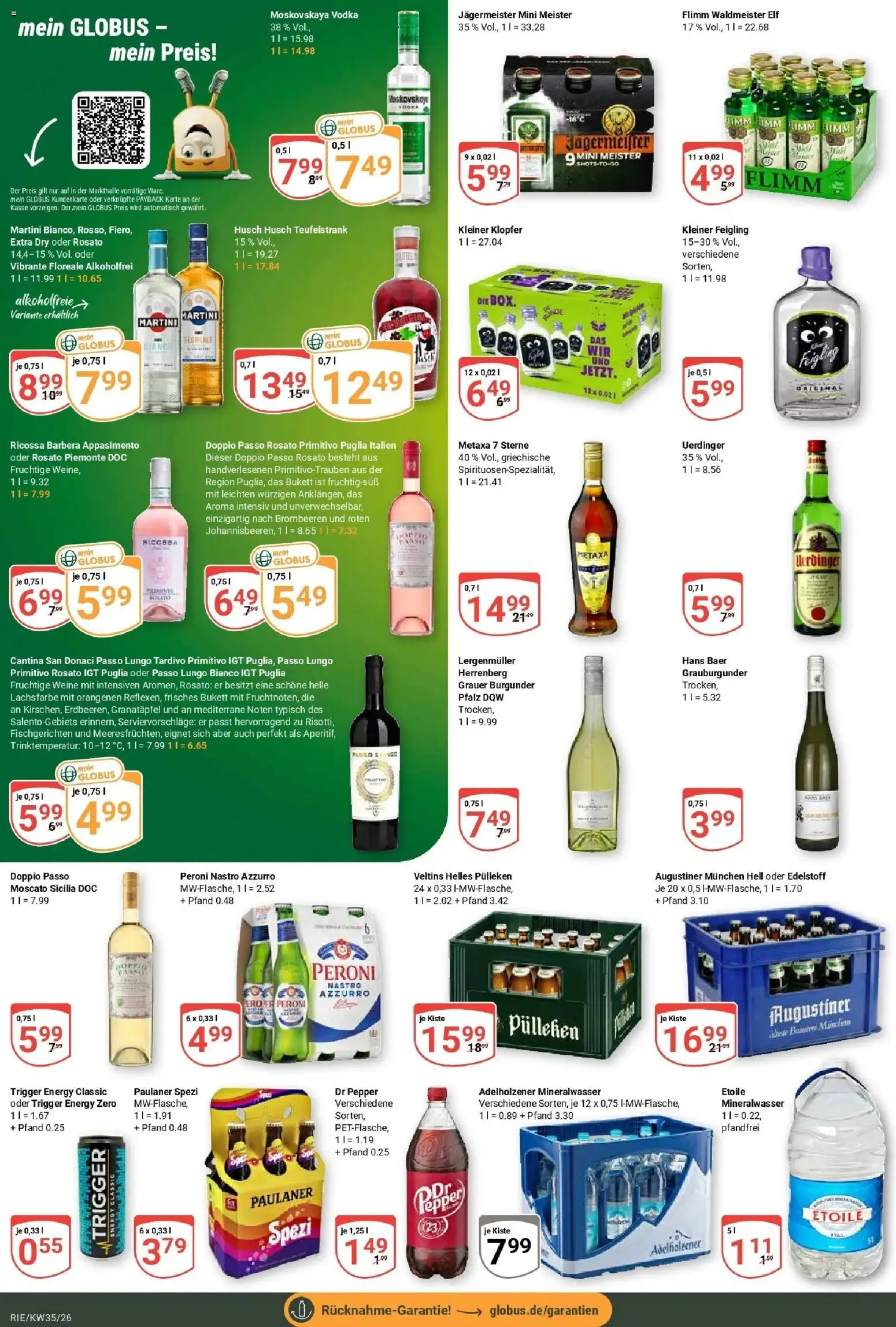 Globus Prospekt Bochum-Riemke – gültig ab 24.08.2026 | Seite: 20 | Produkte: Adelholzener, Mineralwasser, Doppio Passo, Vodka