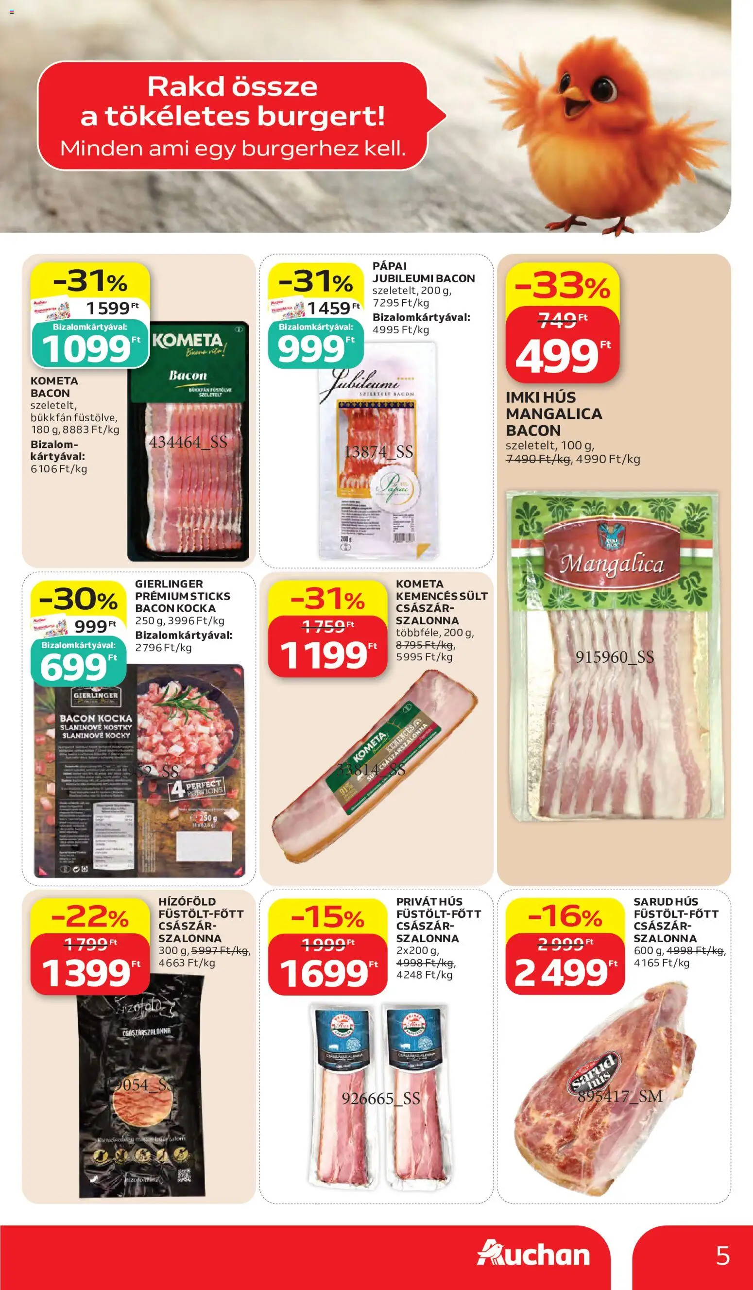 Auchan akciós ujság - amely érvényes a következő dátumtól: 28.05.2026 | Oldal: 5 | Termékek: Hús, Szeletelt bacon, Bacon, Császárszalonna