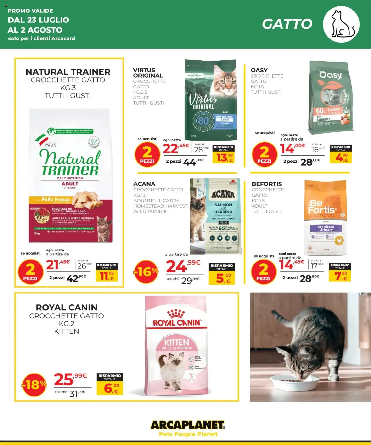 Volantino Arcaplanet del 23/07/2026 | Pagina: 3 | Prodotti: Pollo, Salmone, Crocchette, Crocchette gatto