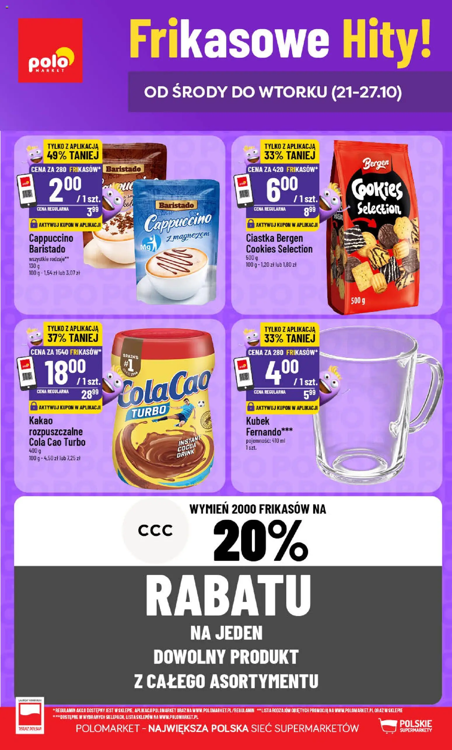 Nowa POLOmarket gazetka od jutra 21.10.2026 | Strona: 1 | Produkty: Kakao, Cappuccino, Ciastka