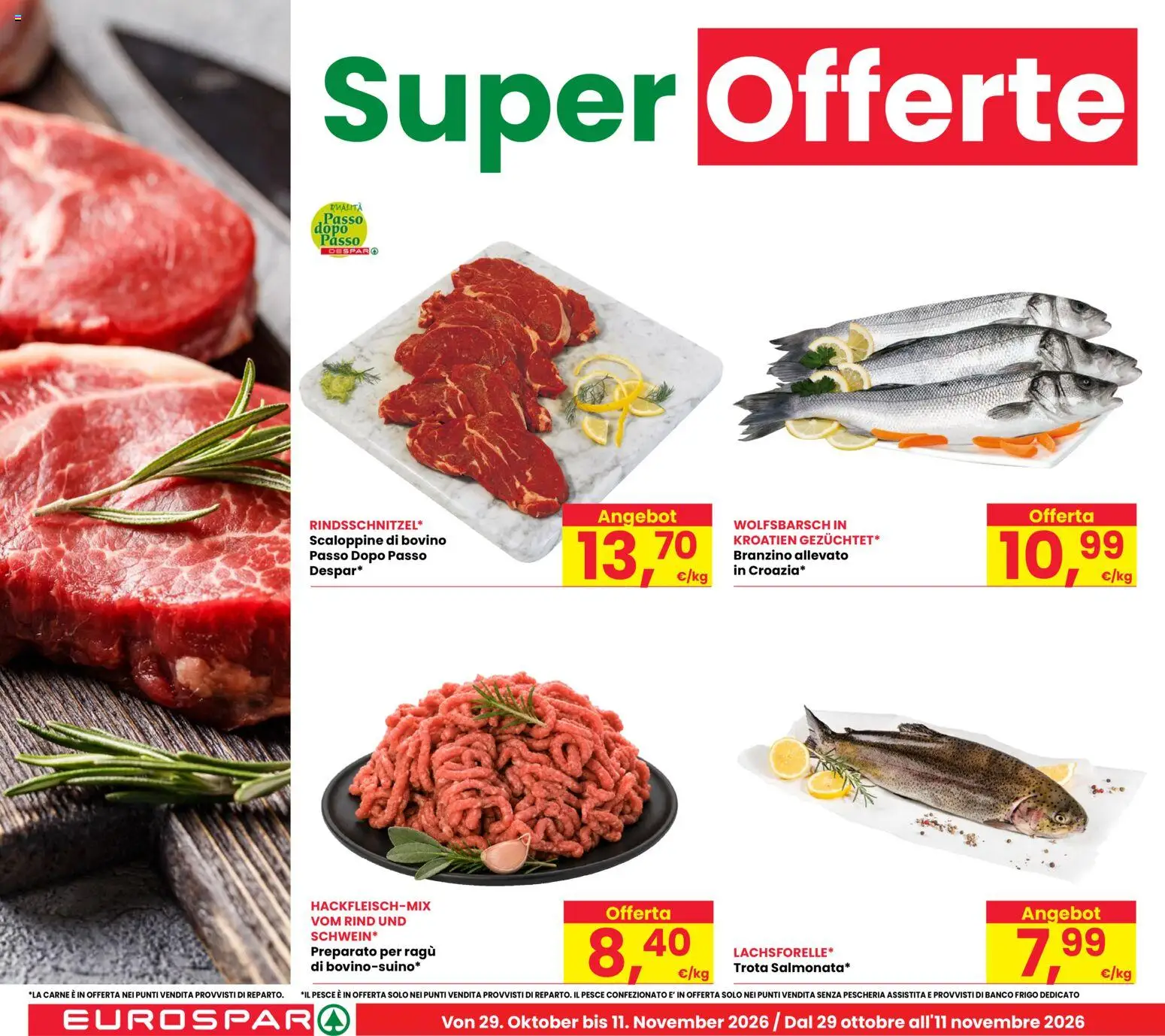 Volantino Eurospar del 29/10/2026 | Pagina: 8 | Prodotti: Bovino, Pesce, Il pesce, Trota