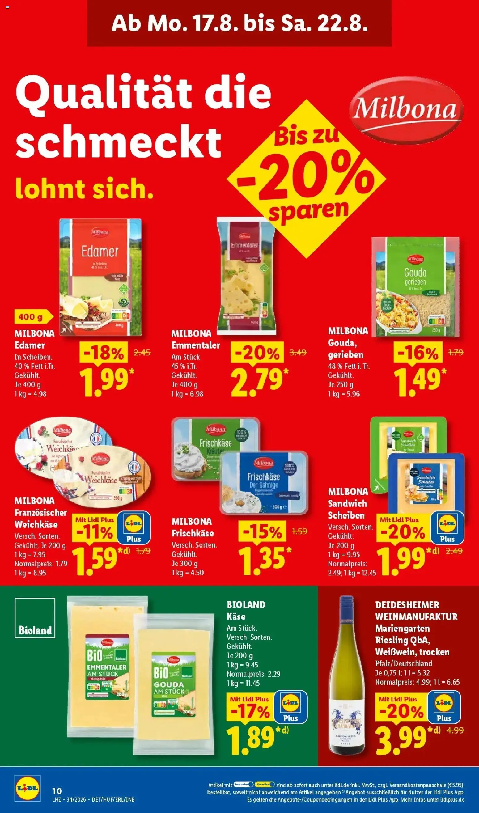 Lidl Prospekt Saarbrücken – gültig ab 17.08.2026 | Seite: 20 | Produkte: Käse, Gouda, Edamer, Frischkase