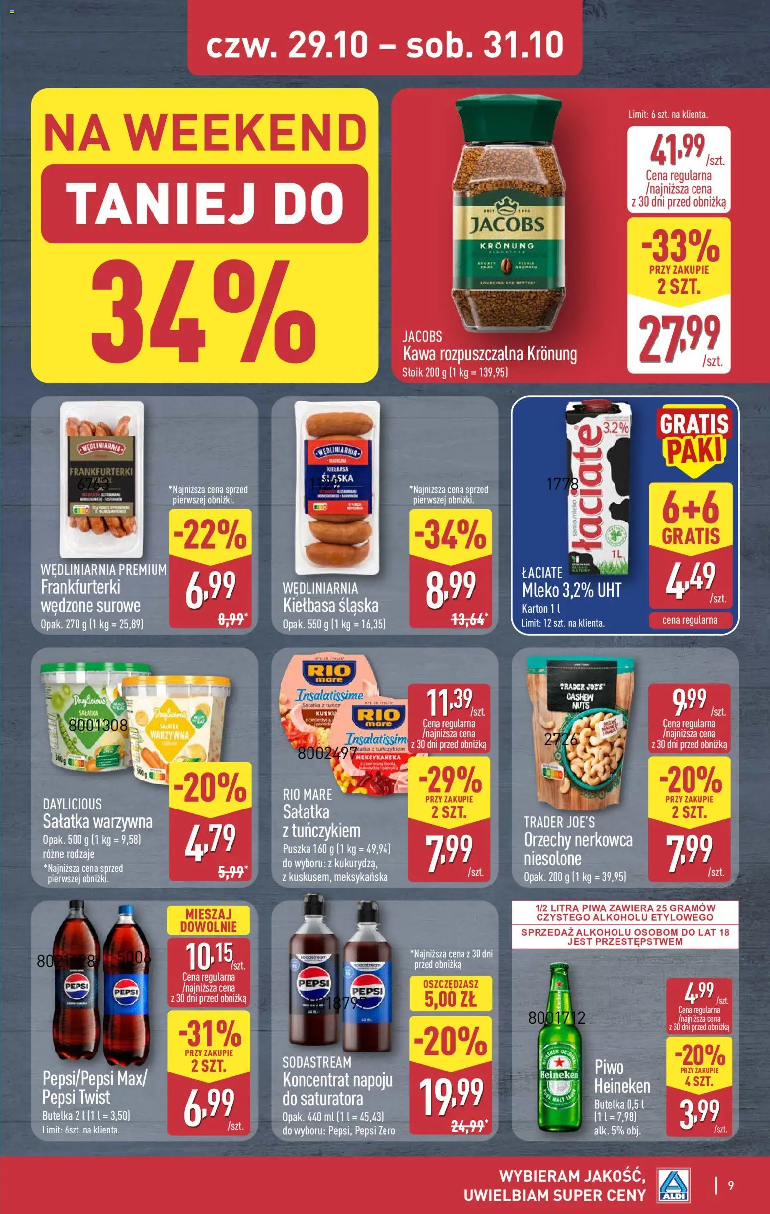 Aldi gazetka - Oferta weekendowa od 29.10.2026 | Strona: 9 | Produkty: Jacobs, Kawa rozpuszczalna, Kiełbasa śląska, Sałatka warzywna
