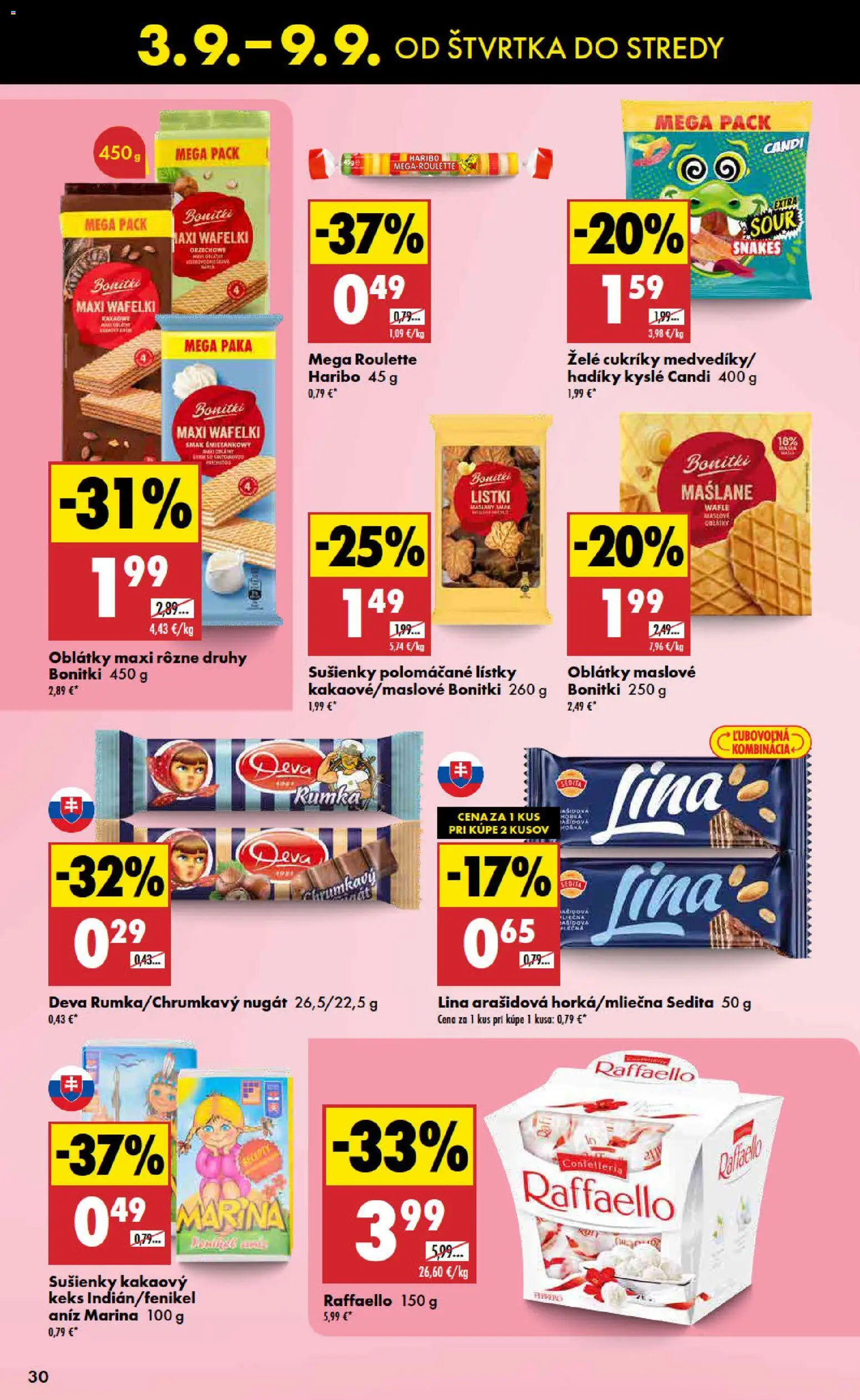Nové Biedronka akcie – leták je platný od 03.09.2026 | Strana: 30 | Produkty: Sušienky, Oblátky, Cukríky, Raffaello
