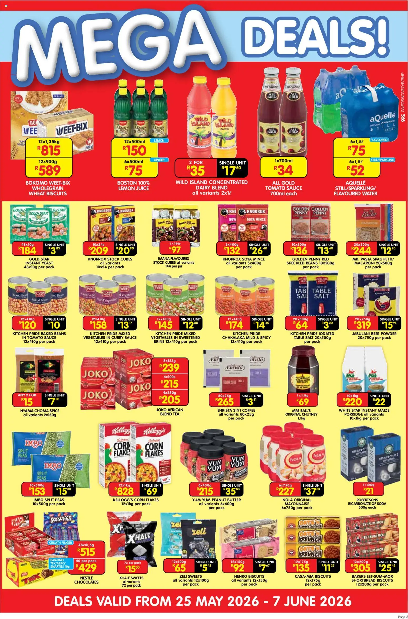 New Shoprite catalogue – valid from 25.05.2026 | Page: 3 | Products: Corn, Chutney, Pasta, Water