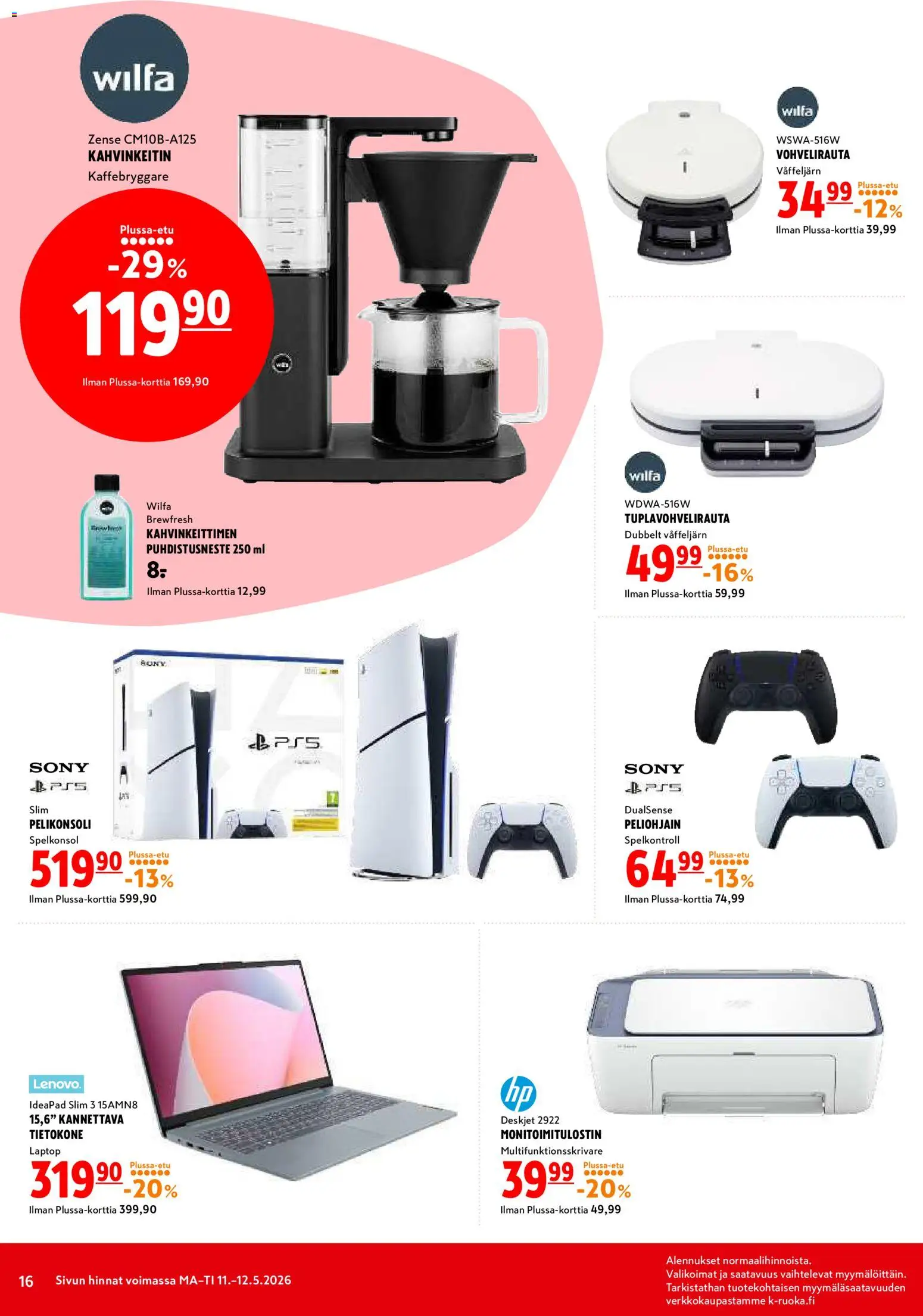 K-Citymarket tarjoukset – voimassa 11.05.2026 alkaen | Sivu: 16 | Tuotteet: Kahvinkeitin, Vohvelirauta, Tietokone, Pelikonsoli