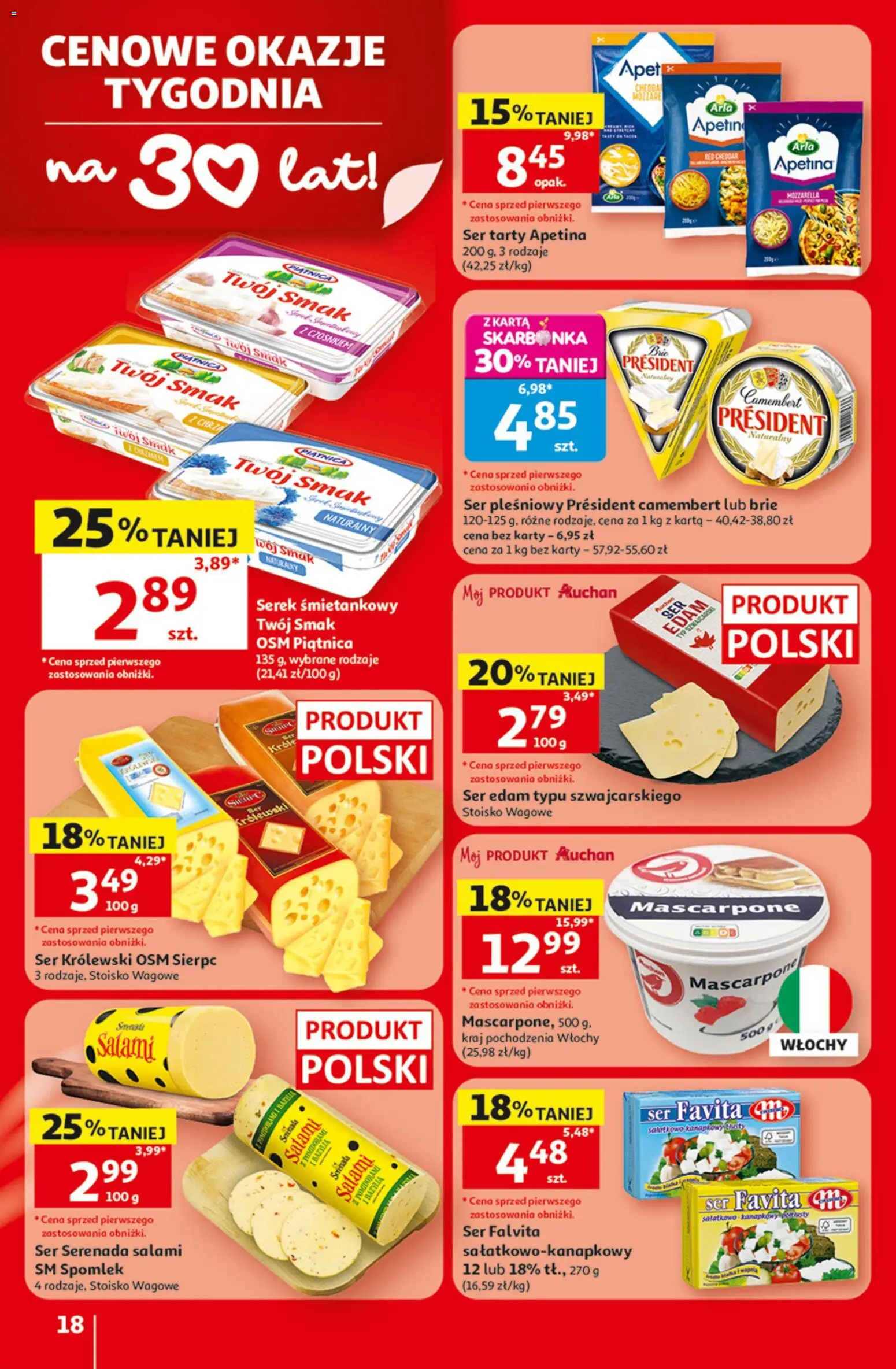 Auchan gazetka - 30 Lat Hipermarket od 09.07.2026 | Strona: 18 | Produkty: Serek, Bazylia, Mascarpone, Cheddar