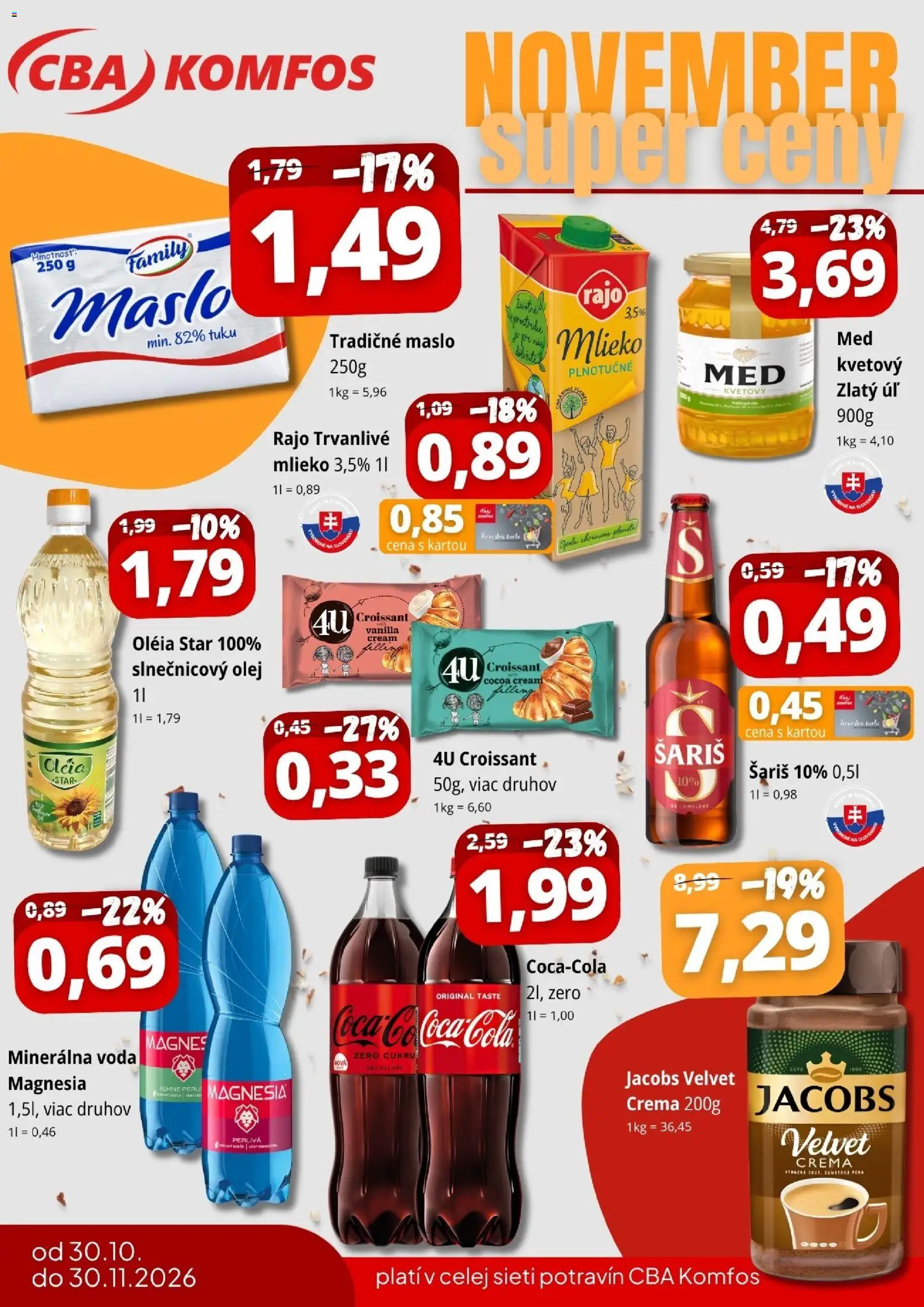 Nové CBA Komfos akcie – leták je platný od 30.10.2026 | Strana: 1 | Produkty: Jacobs Velvet, Croissant, Slnečnicový olej, Voda
