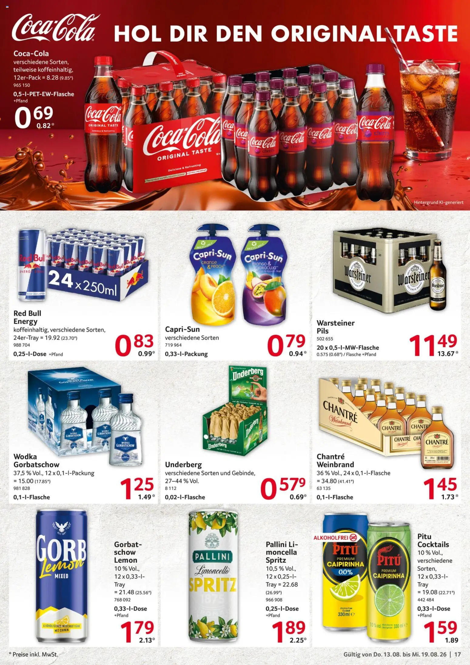 Selgros Prospekt – gültig ab 13.08.2026 | Seite: 17 | Produkte: Chantré, Warsteiner, Wodka, Underberg