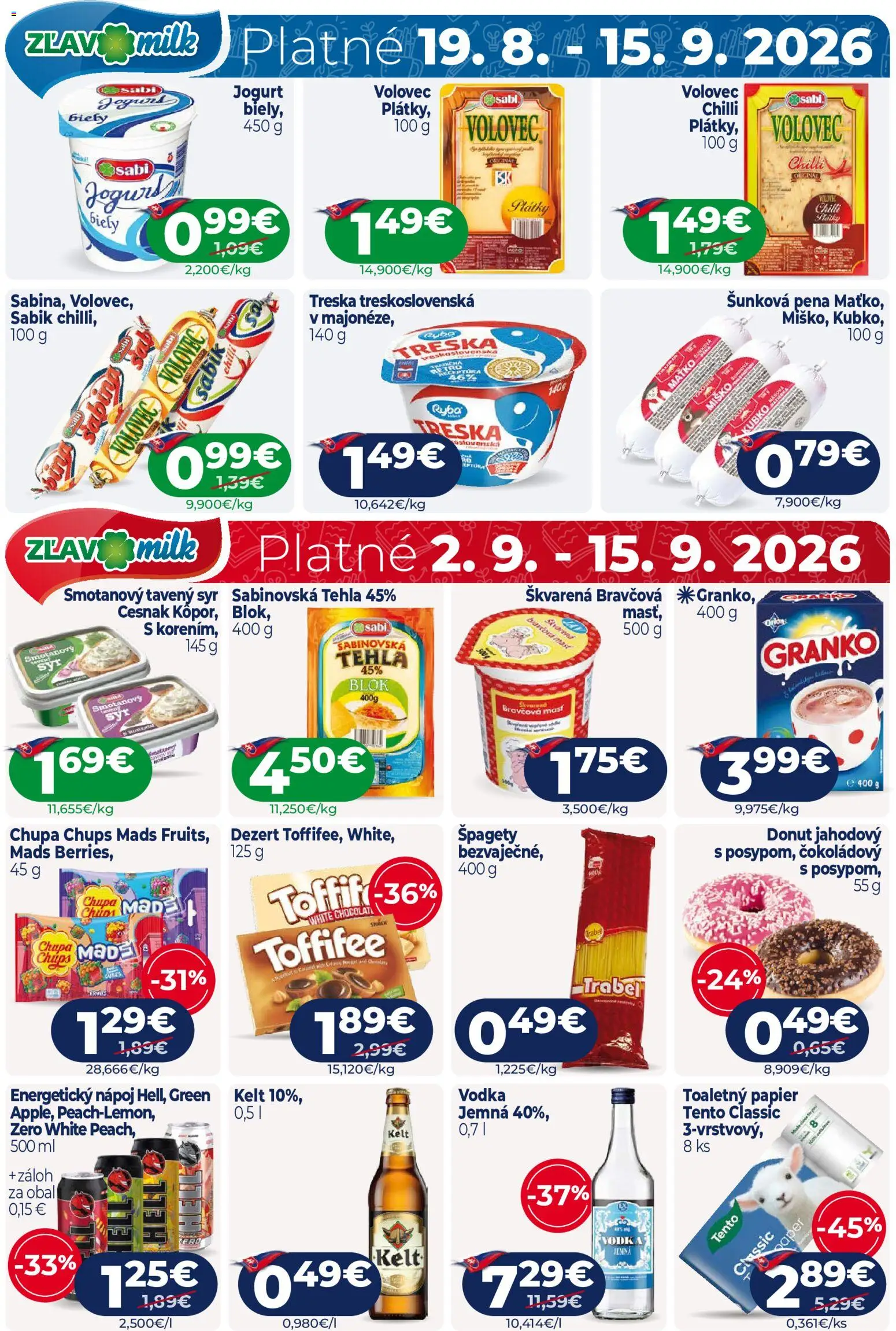 Nové Milk Agro akcie – leták je platný od 02.09.2026 | Strana: 16 | Produkty: Donut, Cesnak, Treska, Energetický nápoj