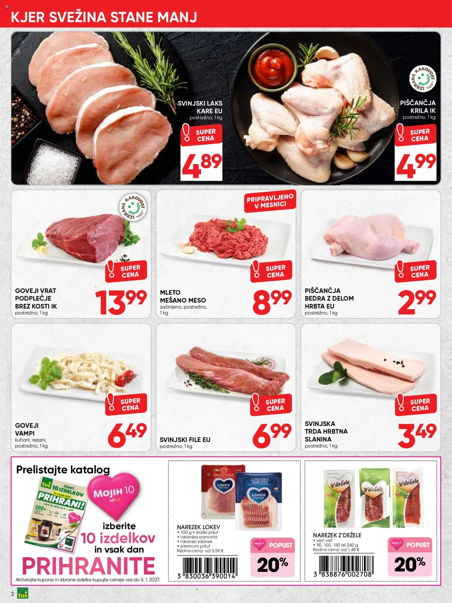 Novi Tuš katalog ponudbe – veljaven od 21.10.2026 | Stran: 2 | Izdelki: Pršut, Panceta, Narezek, Slanina