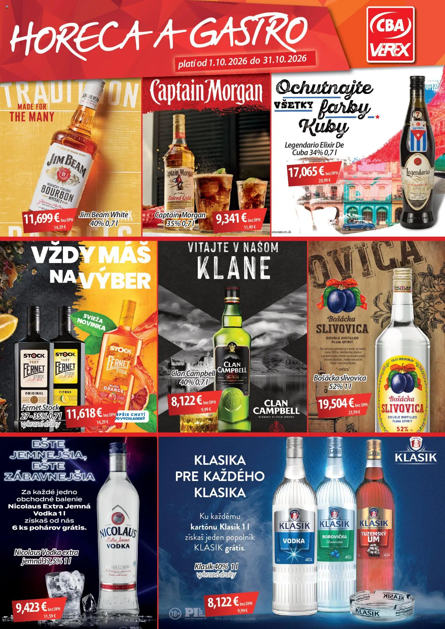 Nové CBA Verex akcie – leták je platný od 01.10.2026 | Strana: 1 | Produkty: Jim Beam, Captain Morgan, Whisky, Fernet Stock