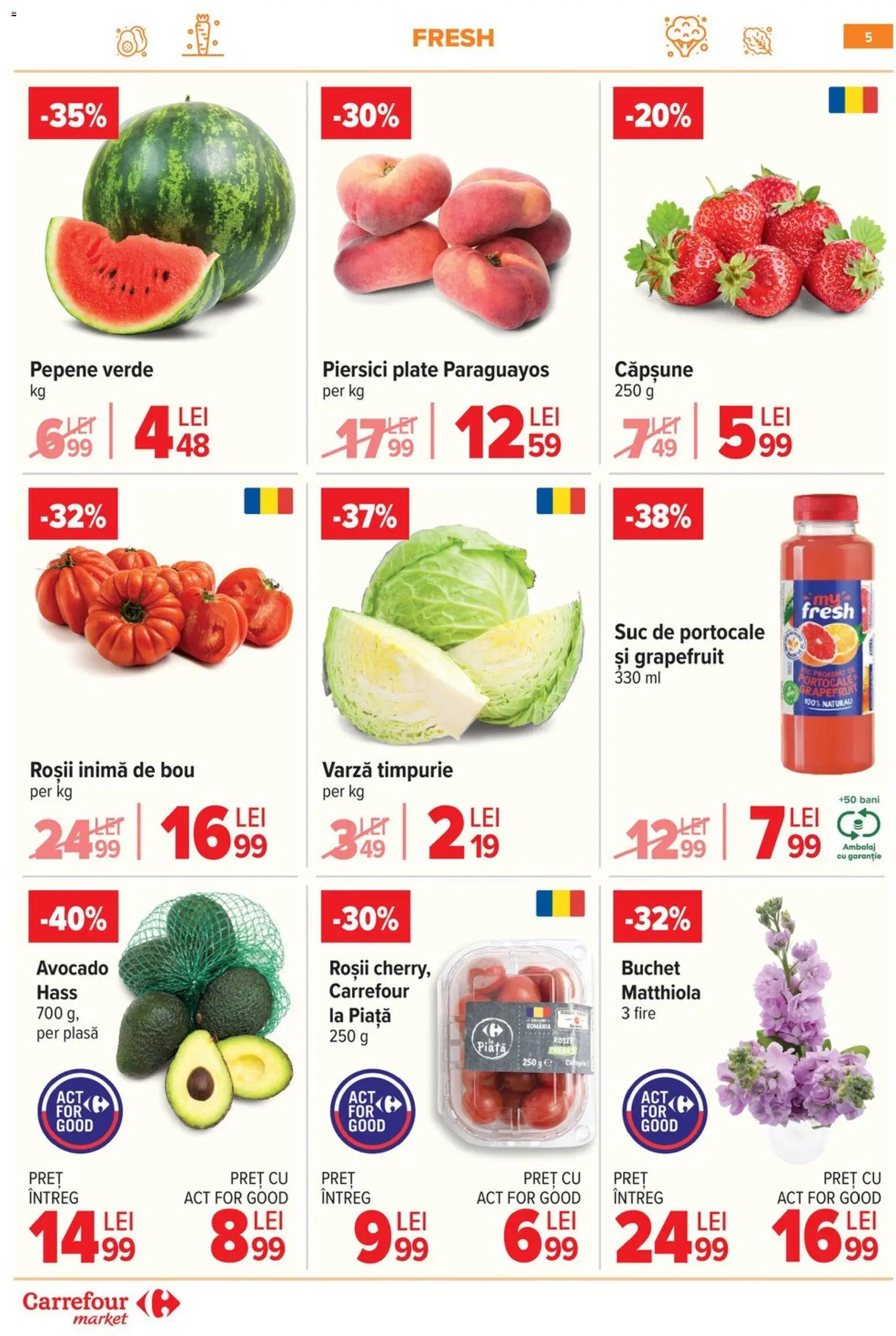Noul catalog Carrefour – valabil de la 03.06.2026 | Pagină: 5 | Produse: Varză, Suc, Portocale, Avocado