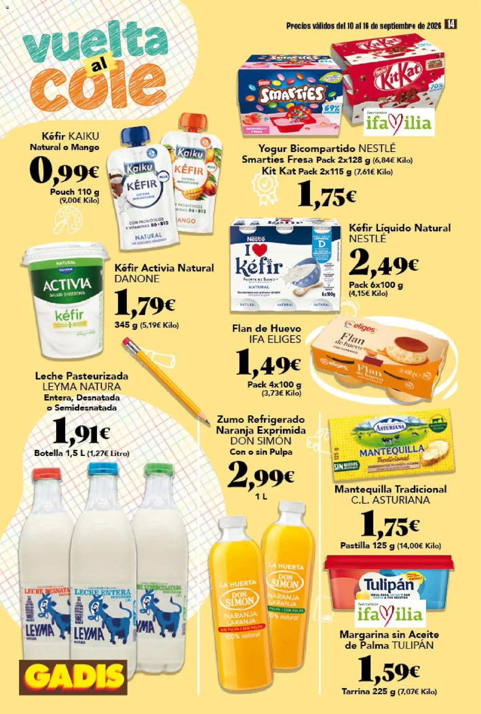 Gadis folleto │ válido desde el 10/09/2026 | Página: 14 | Productos: Leche entera, Leche, Yogur, Margarina
