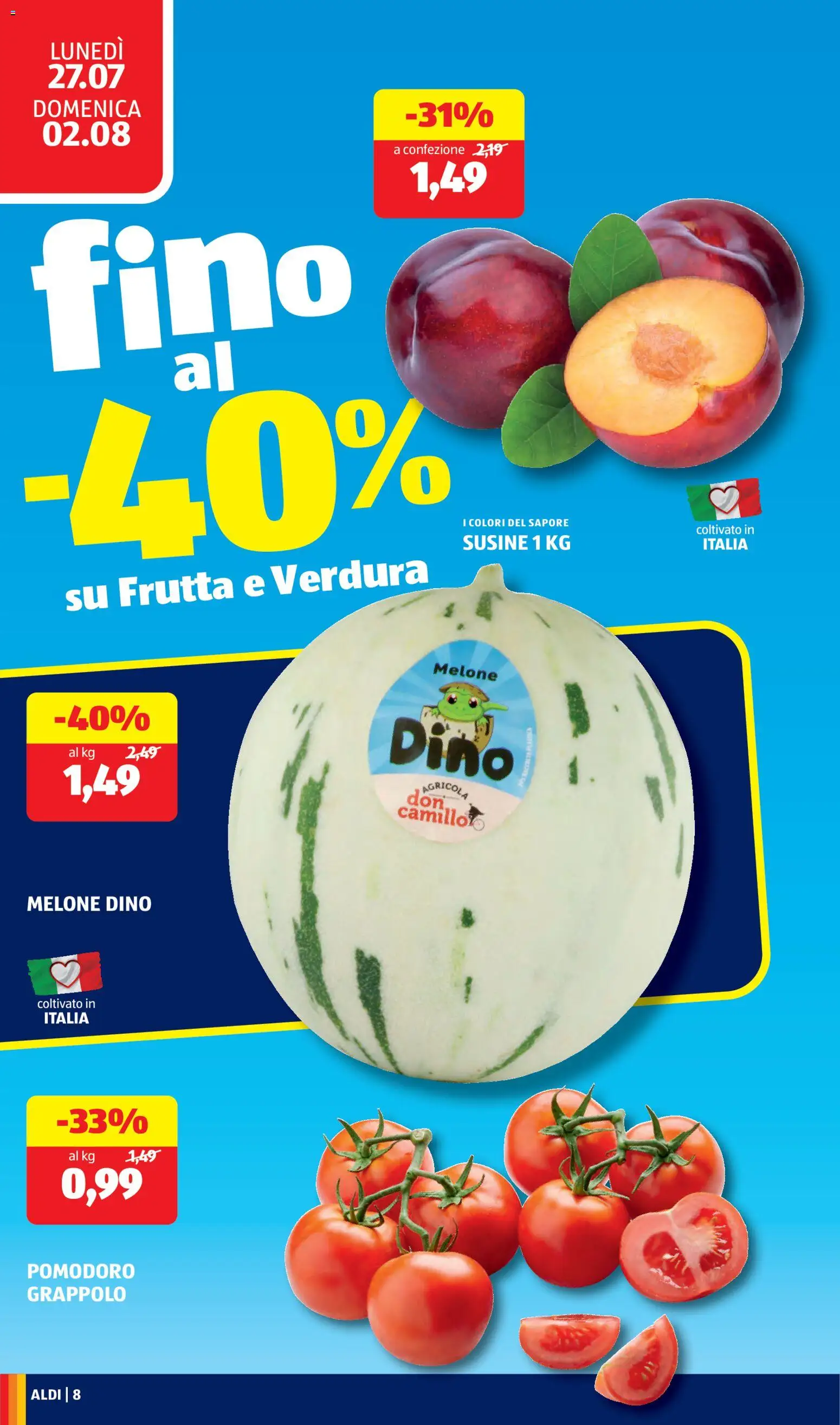 Volantino Aldi del 27/07/2026 | Pagina: 8 | Prodotti: Frutta, Pomodoro, Melone, Susine