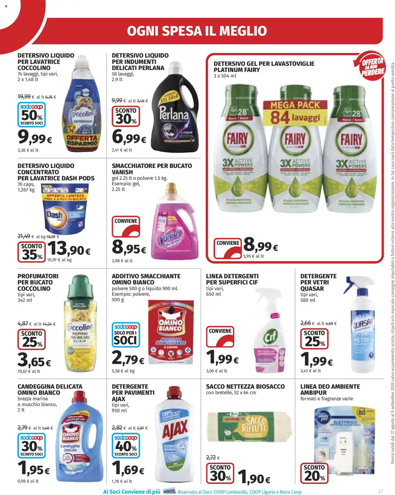 Volantino Ipercoop del 27/08/2026 | Pagina: 27 | Prodotti: Smacchiatore, Detergente, Lavatrice, Gel per lavastoviglie