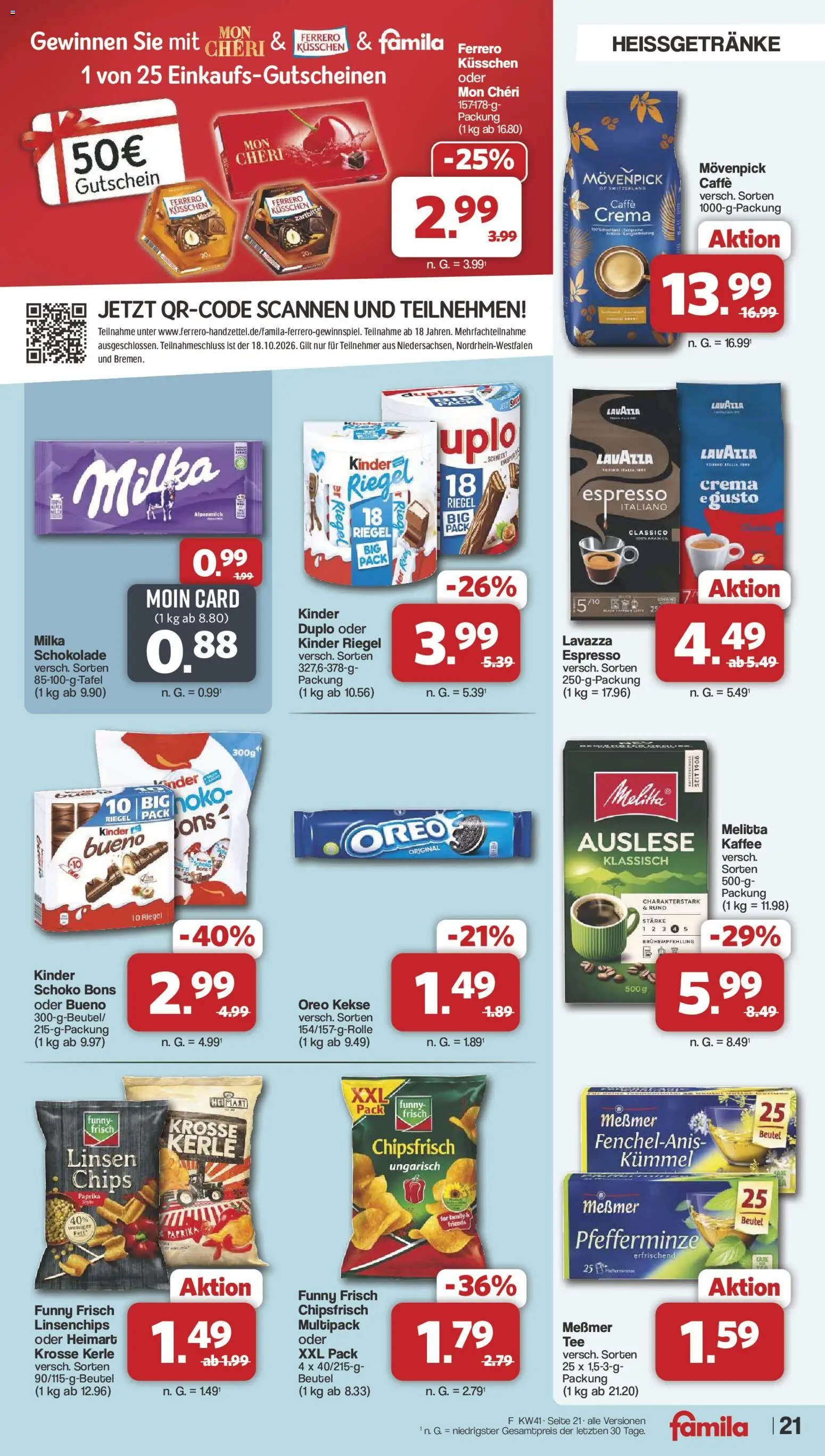 Famila Nordwest Prospekt – gültig ab 05.10.2026 | Seite: 21 | Produkte: Melitta, Lavazza, Schokolade, Kinder riegel