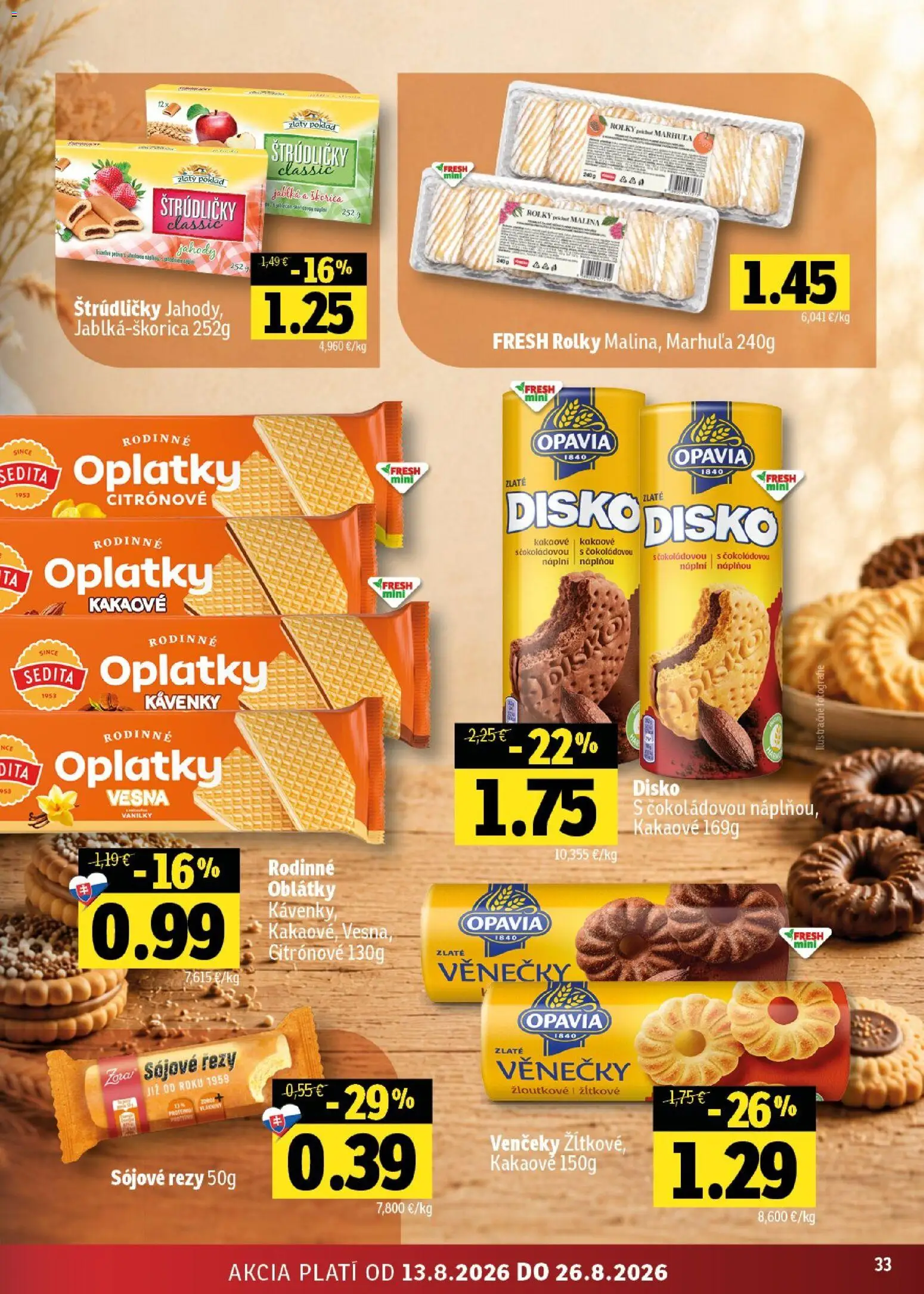 Nové Fresh akcie – leták je platný od 13.08.2026 | Strana: 33 | Produkty: Jablká, Oblátky, Jahody, Disk