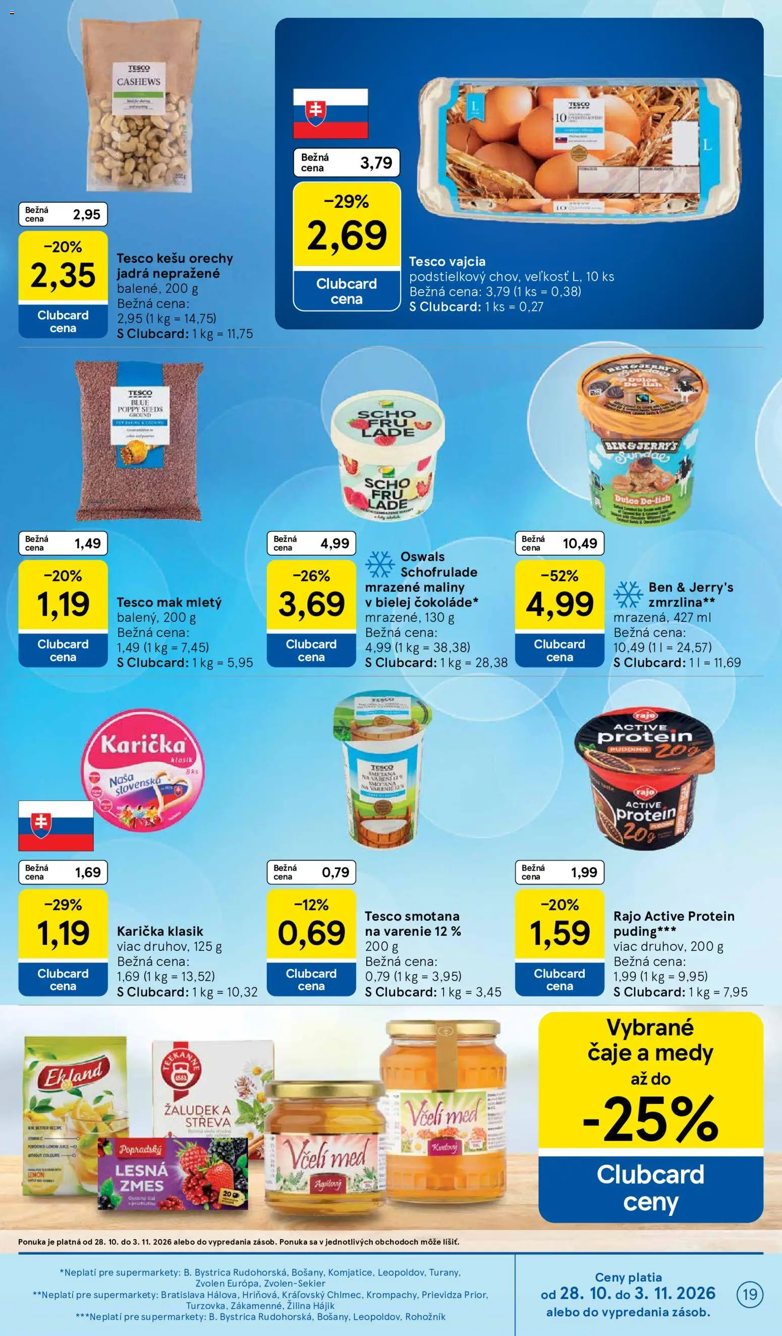 Nové Tesco akcie – leták je platný od 28.10.2026 | Strana: 19 | Produkty: Orechy, Smotana na varenie, Kešu, Maliny