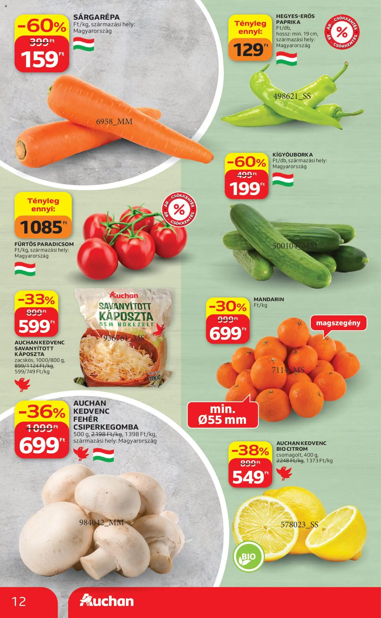 Auchan akciós ujság - amely érvényes a következő dátumtól: 09.04.2026 | Oldal: 12 | Termékek: Csiperkegomba, Kígyóuborka, Paradicsom, Citrom