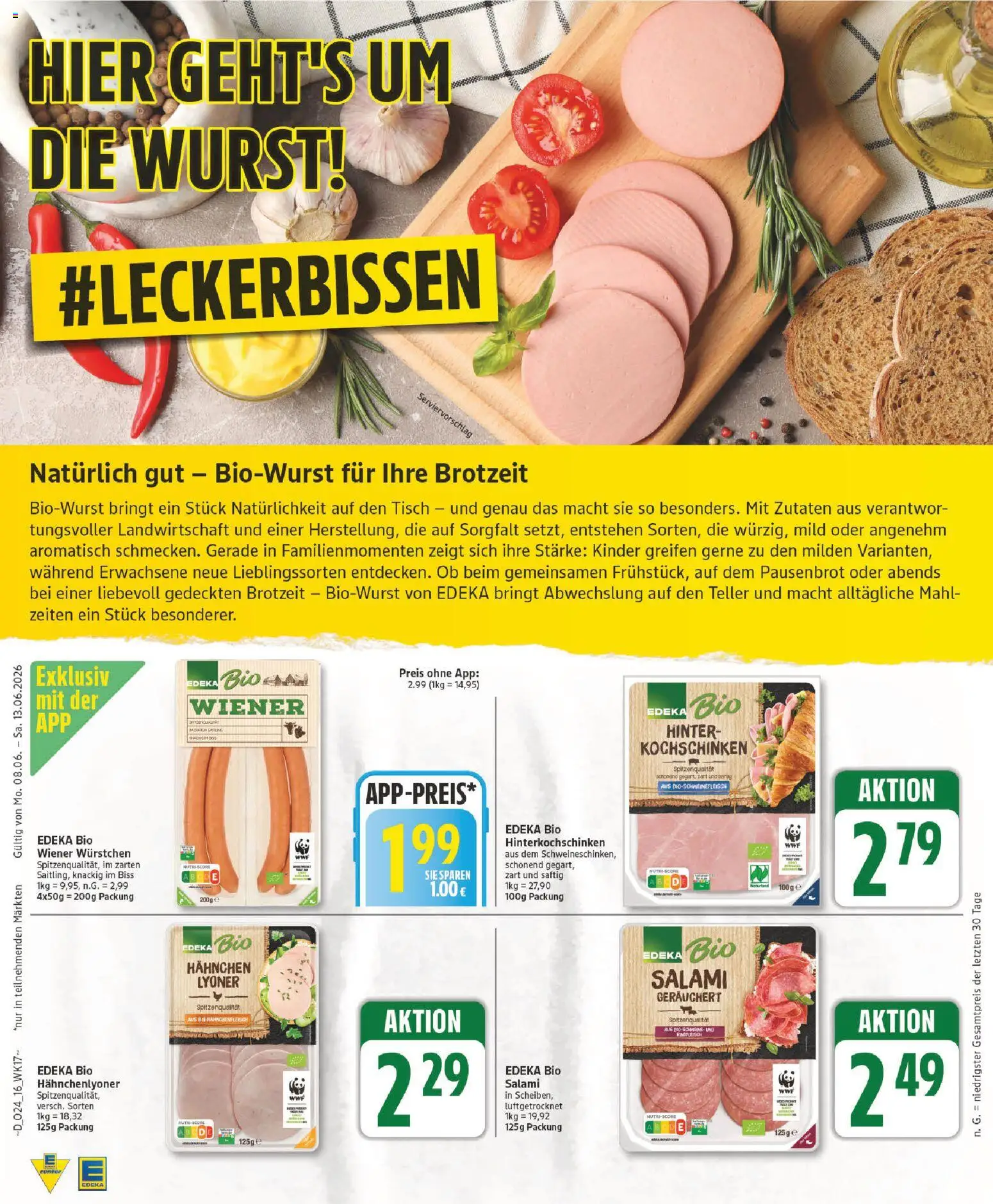 Edeka Prospekt – gültig ab 08.06.2026 | Seite: 16 | Produkte: Hahnchen, Wiener wurstchen, Tisch, Salami