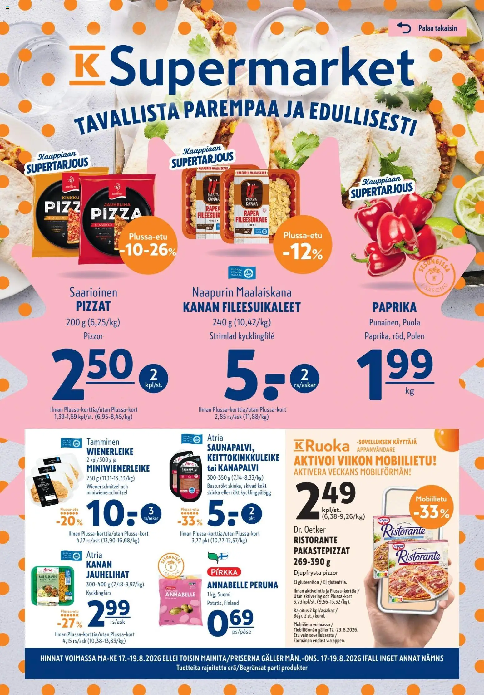 K-Supermarket tarjoukset – voimassa 17/08/2026 alkaen | Sivu: 1 | Tuotteet: Jauheliha, Paprika, Kinkku, Pizza