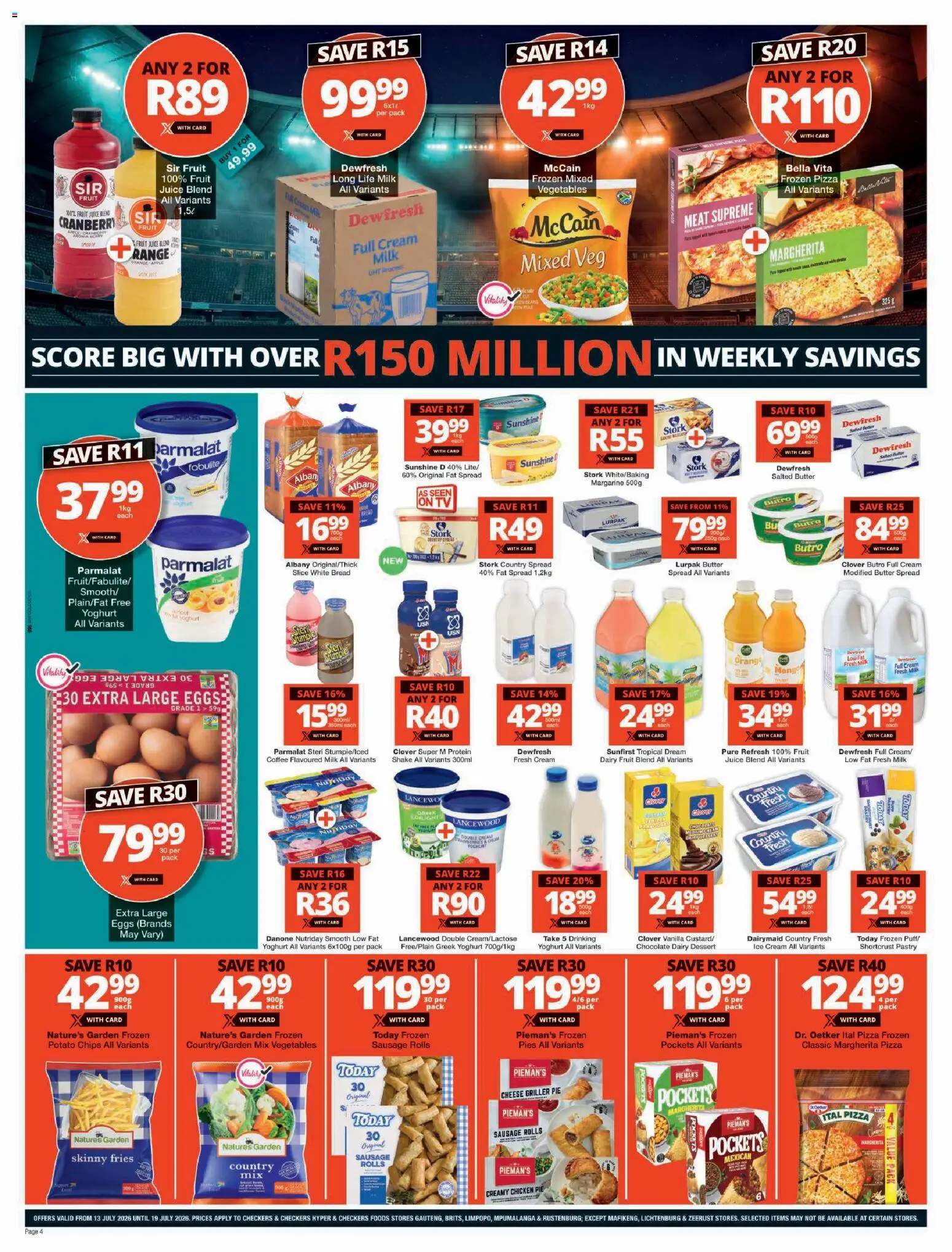 New Checkers catalogue – valid from 13/07/2026 | Page: 4 | Products: Cheese, Juice, Chicken, Ice cream
