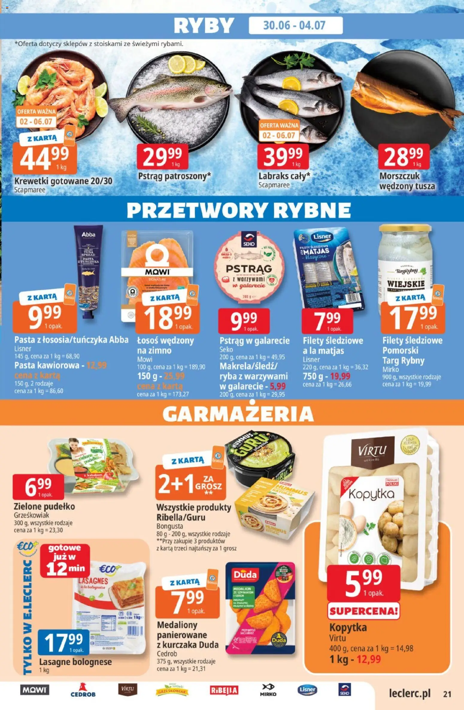 E.Leclerc gazetka od 30.06.2026 | Strona: 21 | Produkty: Karta, Krewetki, Morszczuk, Ryby