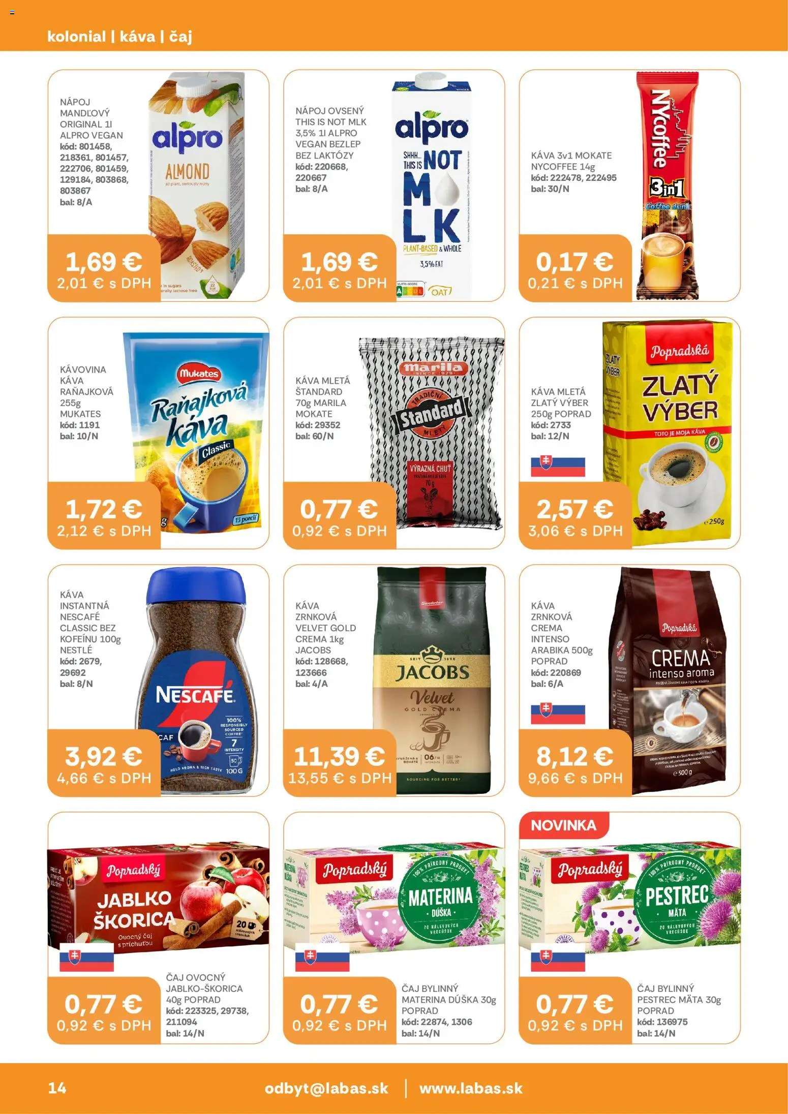 Nové Labaš akcie – leták je platný od 25.08.2026 | Strana: 14 | Produkty: Káva, Instantná káva, Ovocný čaj, Bylinný čaj
