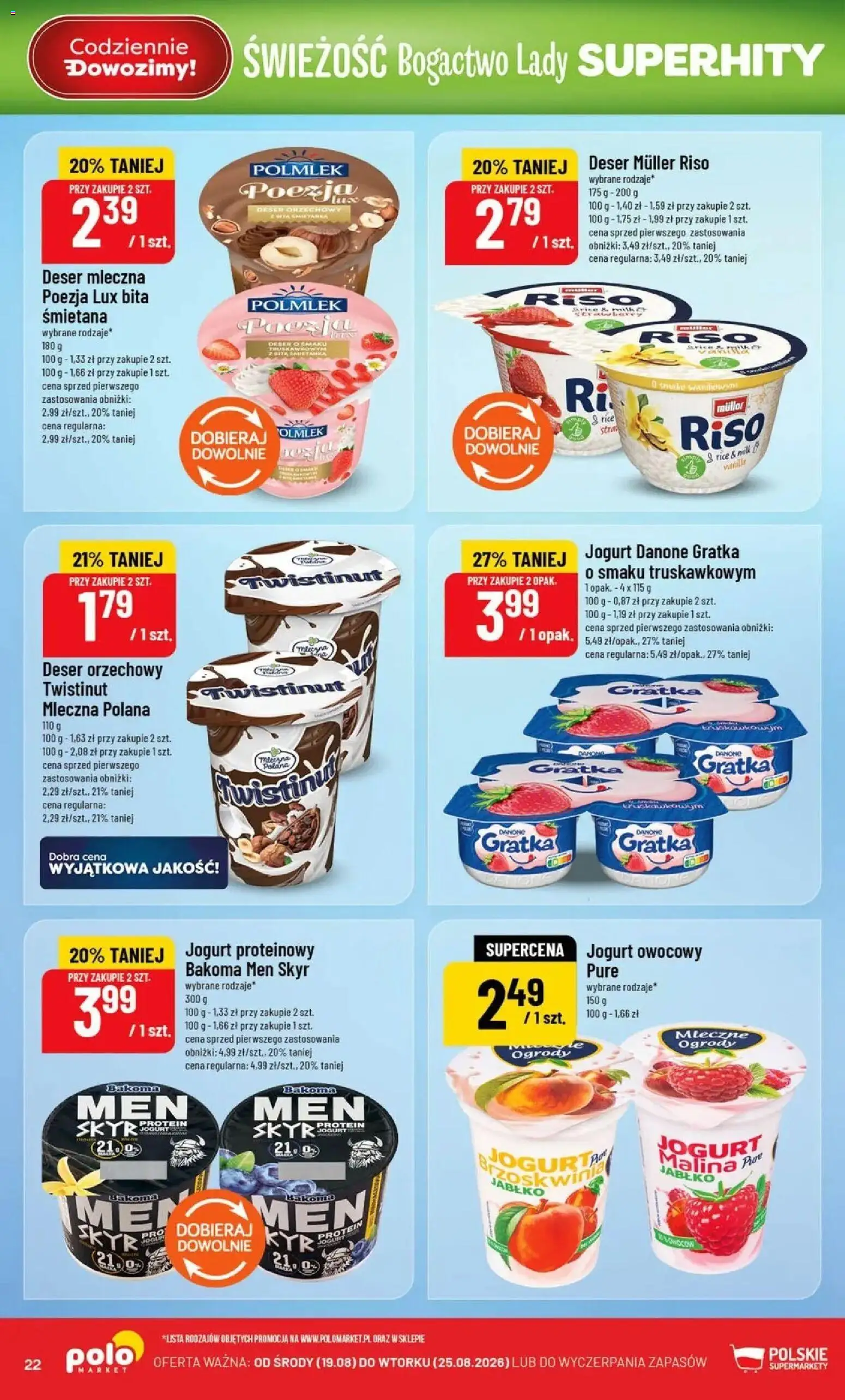 Nowa POLOmarket gazetka od jutra 19.08.2026 | Strona: 22 | Produkty: Jogurt proteinowy, Jogurt Skyr, Bita śmietana, Deser