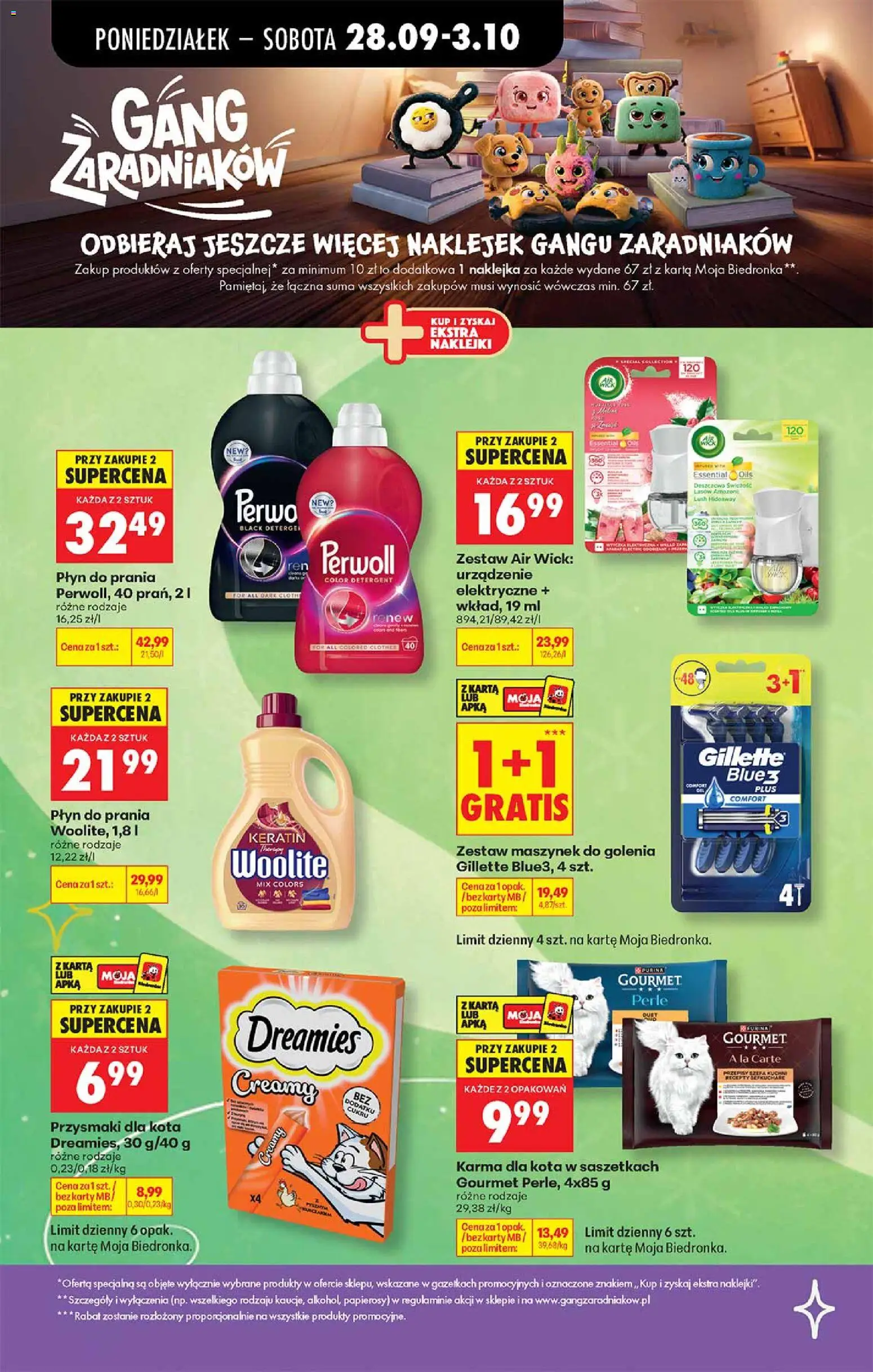 Biedronka gazetka - Gang zaradniaków od 28.09.2026 | Strona: 9 | Produkty: Gillette, Przysmaki dla kota, Karma, Detergent