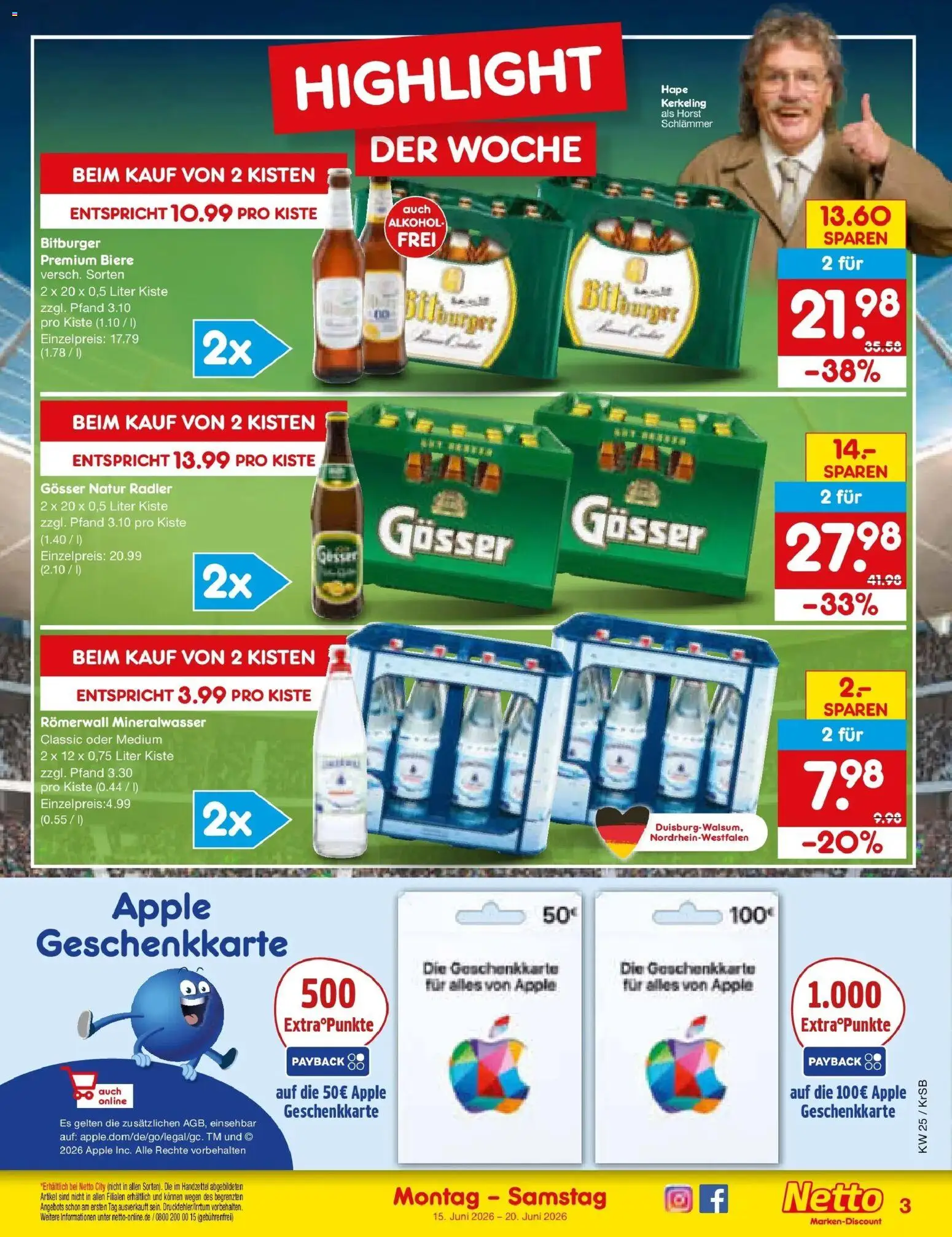 Netto Marken-Discount Prospekt Jüchen – gültig ab 15.06.2026 | Seite: 3 | Produkte: Bitburger, Mineralwasser, Apple, Radler