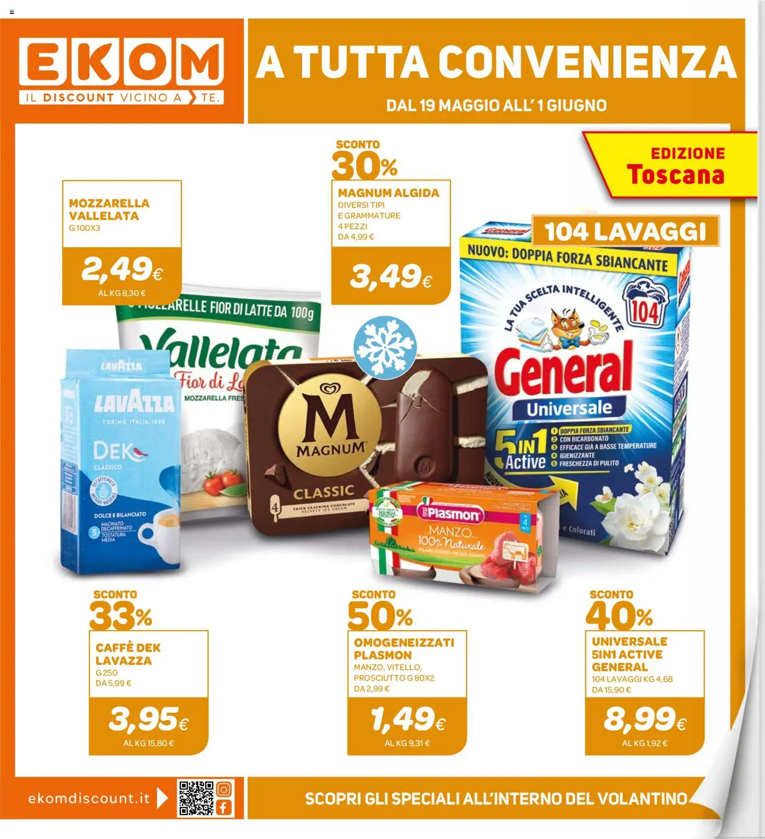 Volantino Ekom del 19.05.2026 | Pagina: 1 | Prodotti: Caffè, Mozzarella, Latte, Lavazza