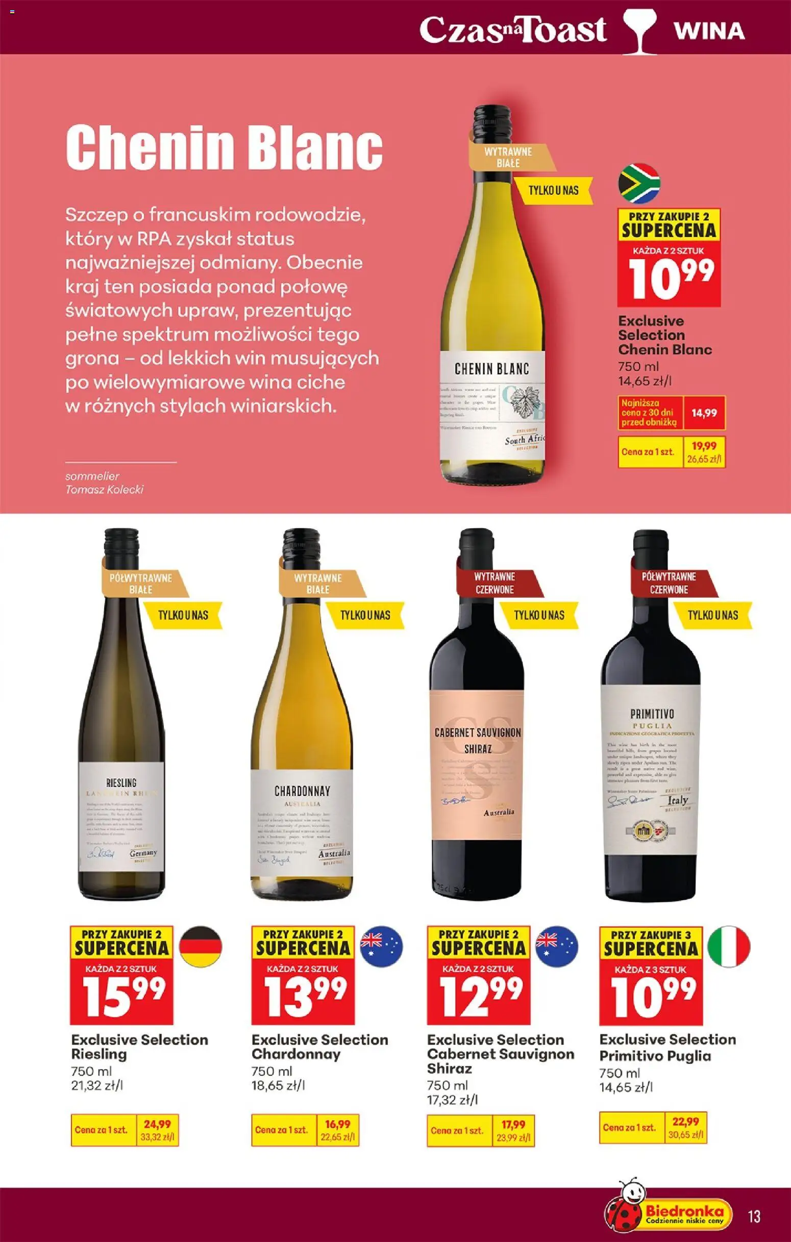Biedronka Polsko leták - Czas na toast od 20.04.2026 | Strana: 13 | Produkty: Primitivo Puglia, Primitivo, Cabernet Sauvignon, Riesling