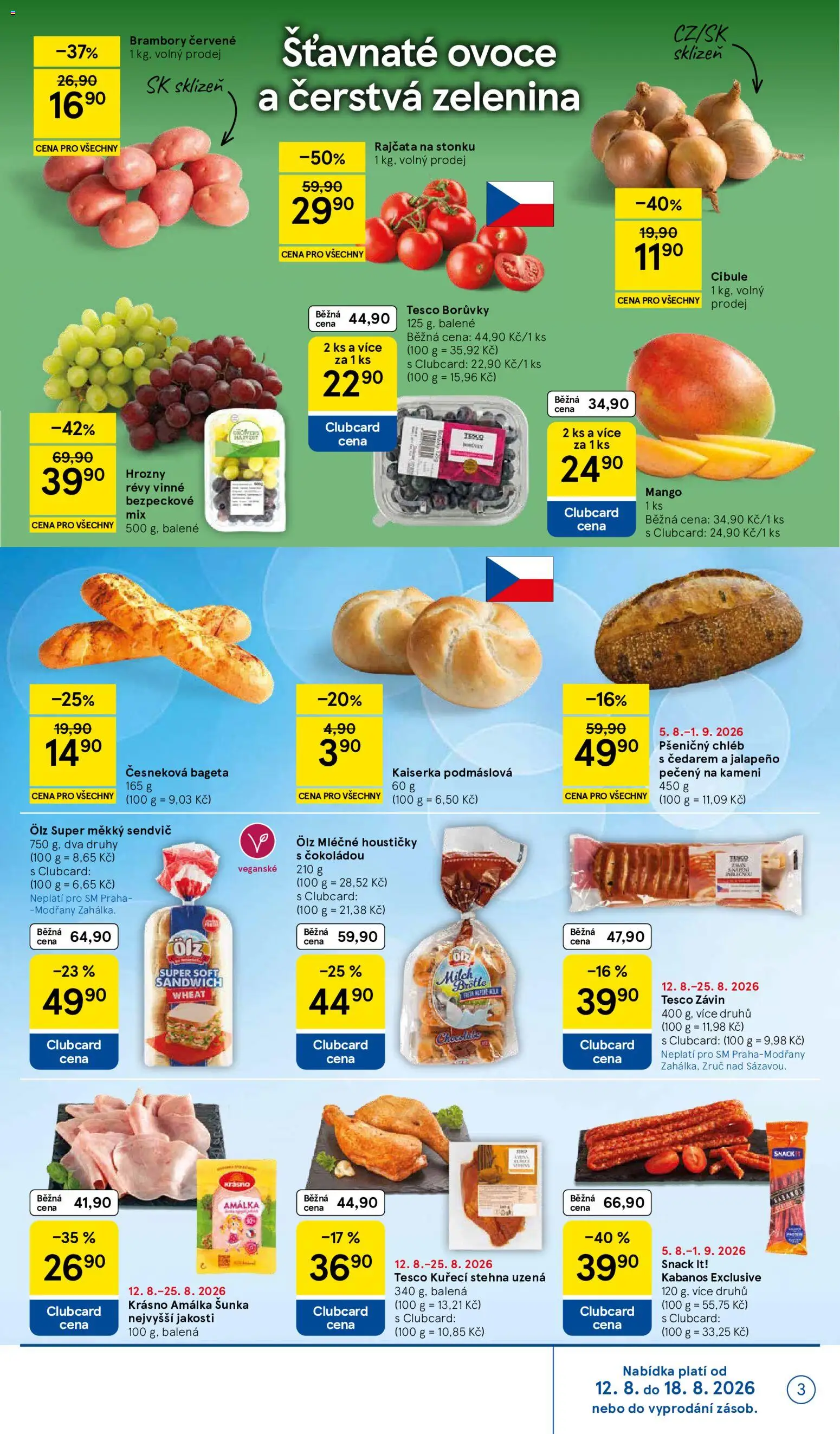 Tesco leták - Supermarket od 12.08.2026 | Strana: 3 | Produkty: Rajčata, Zelenina, Bageta, Hrozny