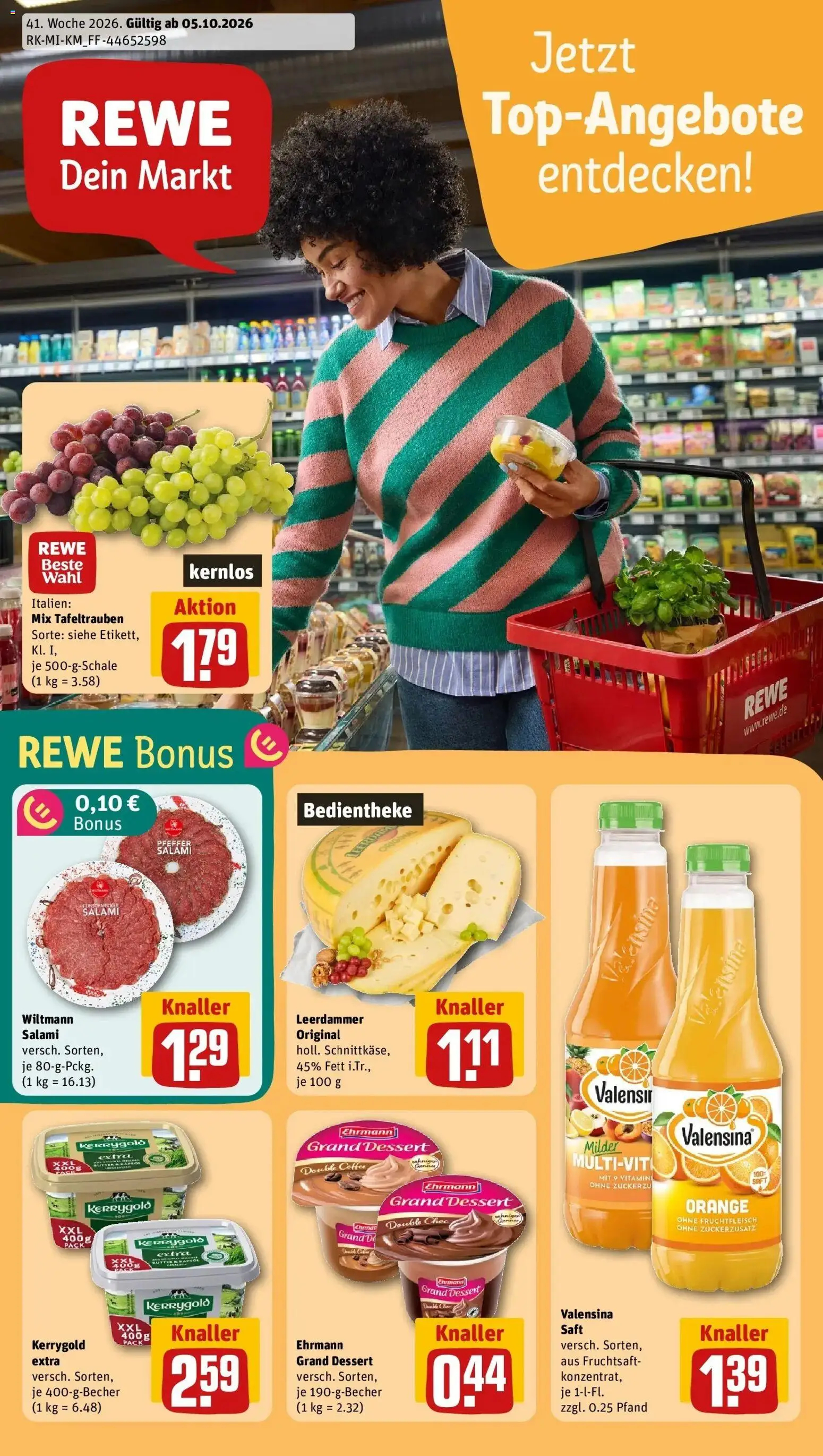 REWE Prospekt ab 05.10.2026 zum Blättern » Angebote | Seite: 1 | Produkte: Leerdammer, Valensina, Zucker, Fruchtsaft