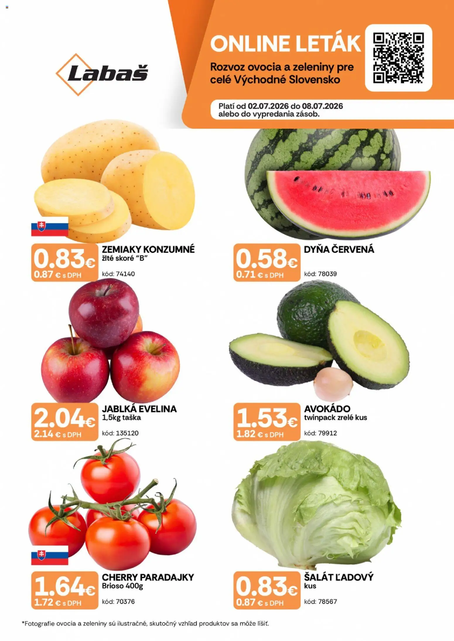 Nové Labaš akcie – leták je platný od 02.07.2026 | Strana: 1 | Produkty: Jablká, Šalát, Zemiaky, Taška