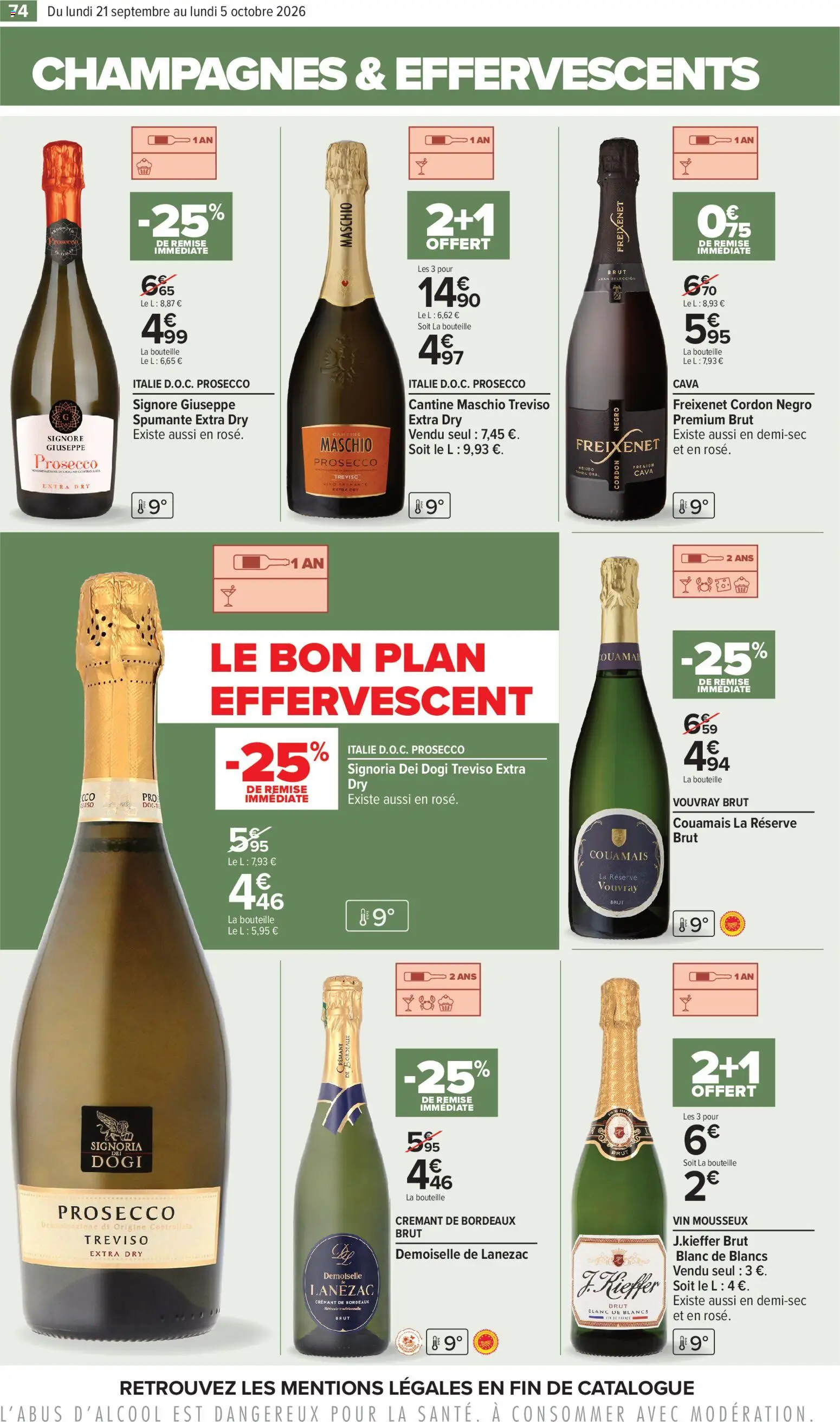 {H1} | Page: 74 | Produits: Crémant de Bordeaux, Prosecco, Bouteille, Freixenet