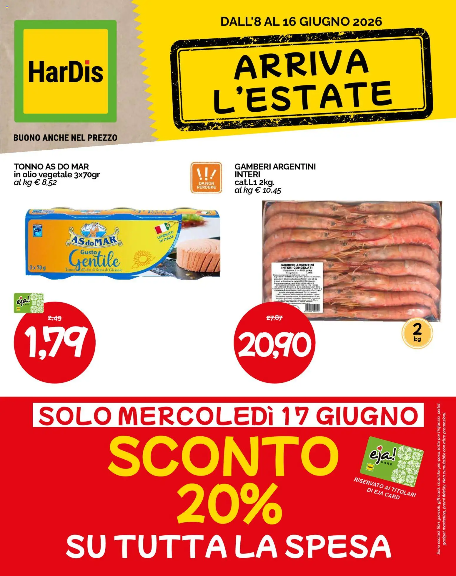 Volantino HarDis del 08.06.2026 | Pagina: 1 | Prodotti: Gamberi, Latte, Olio, Tonno