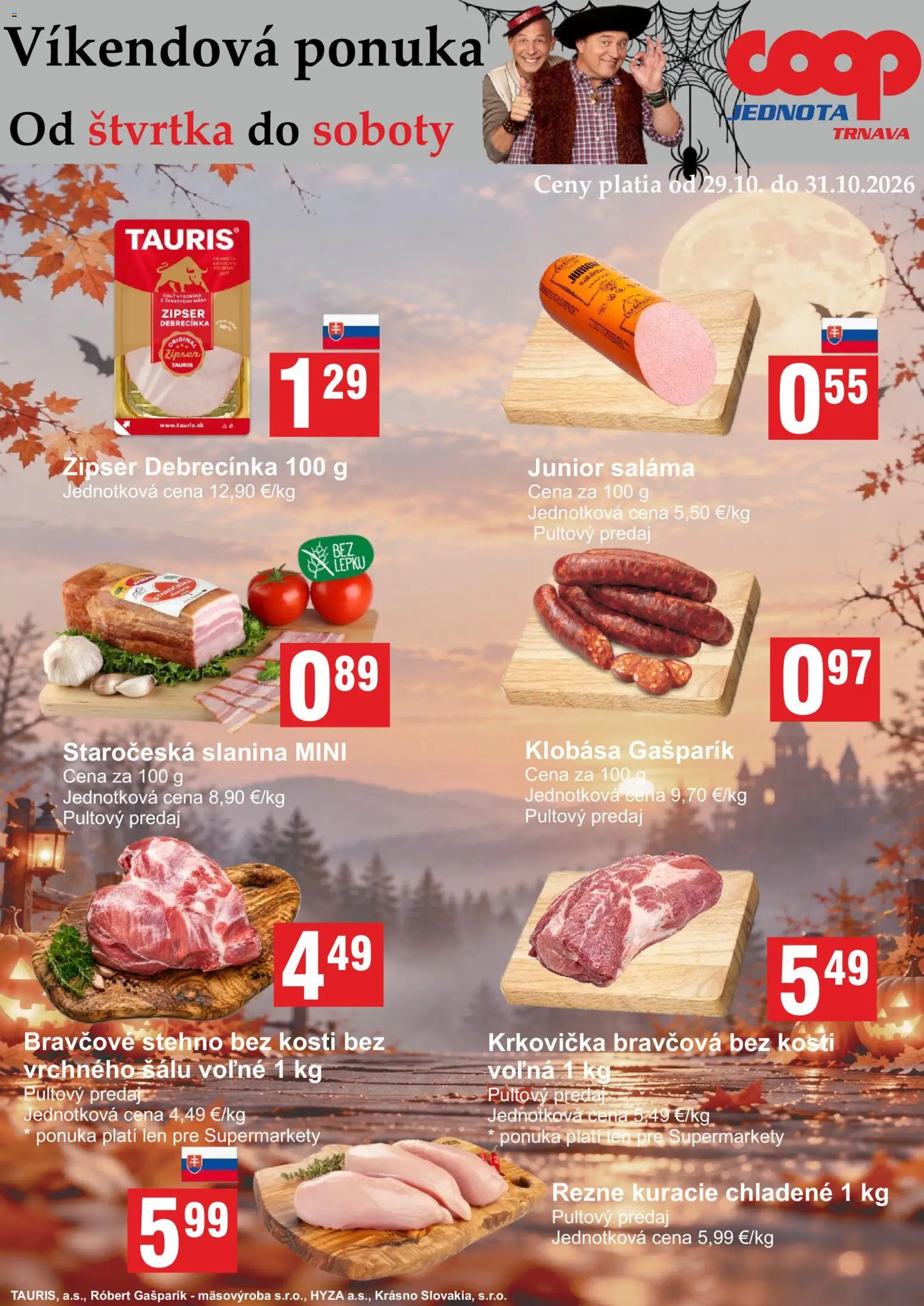 Nové COOP Jednota akcie – leták je platný od 29.10.2026 | Strana: 3 | Produkty: Saláma, Slanina, Klobása, Krkovička